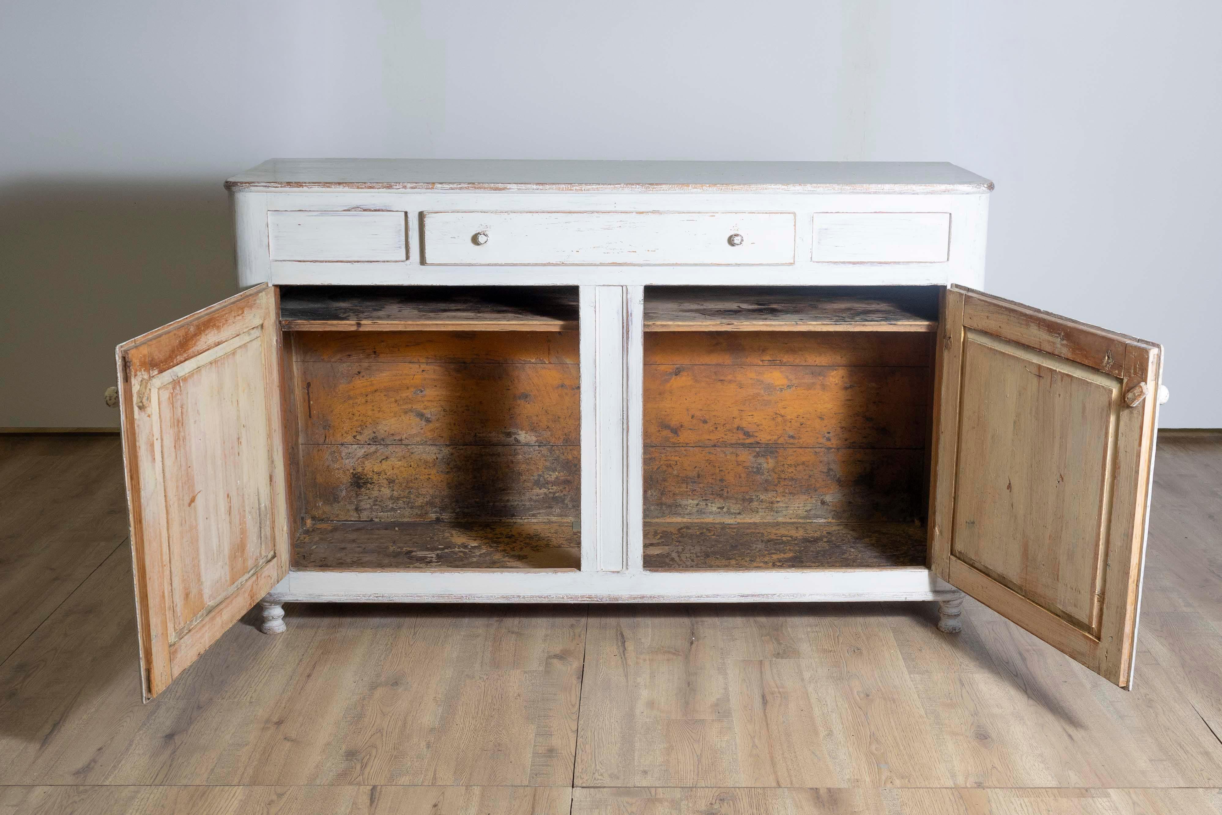 Carved 1830s Swedish Grey Painted Sideboard with Single Drawer over Two Doors For Sale