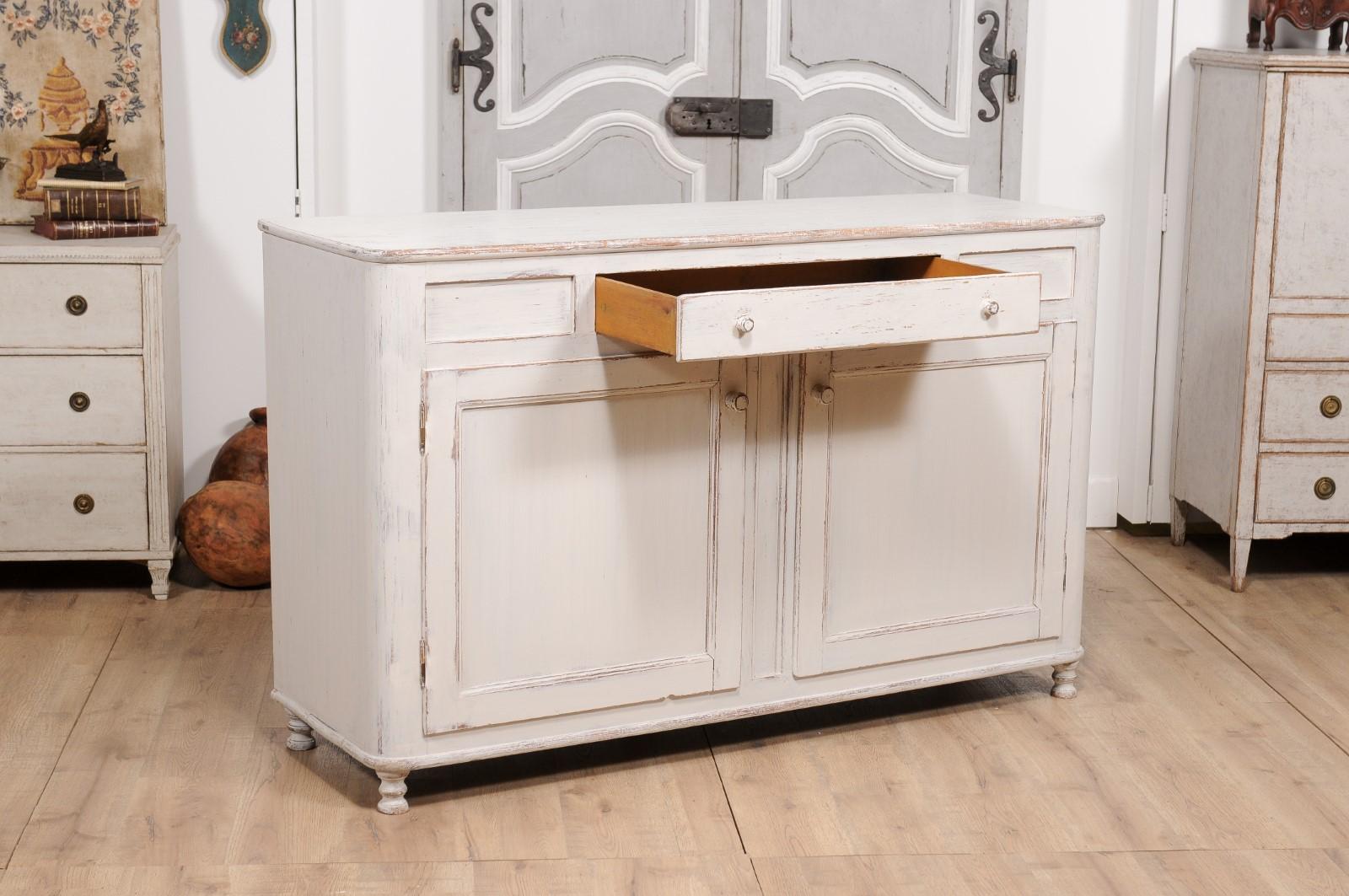 Carved 1830s Swedish Grey Painted Sideboard with Single Drawer over Two Doors For Sale