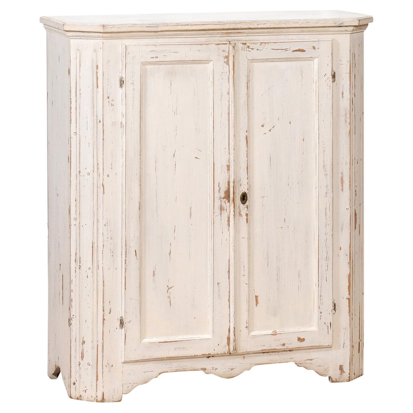 1830s Swedish Off-White Painted Wood Narrow Sideboard with Distressed Finish