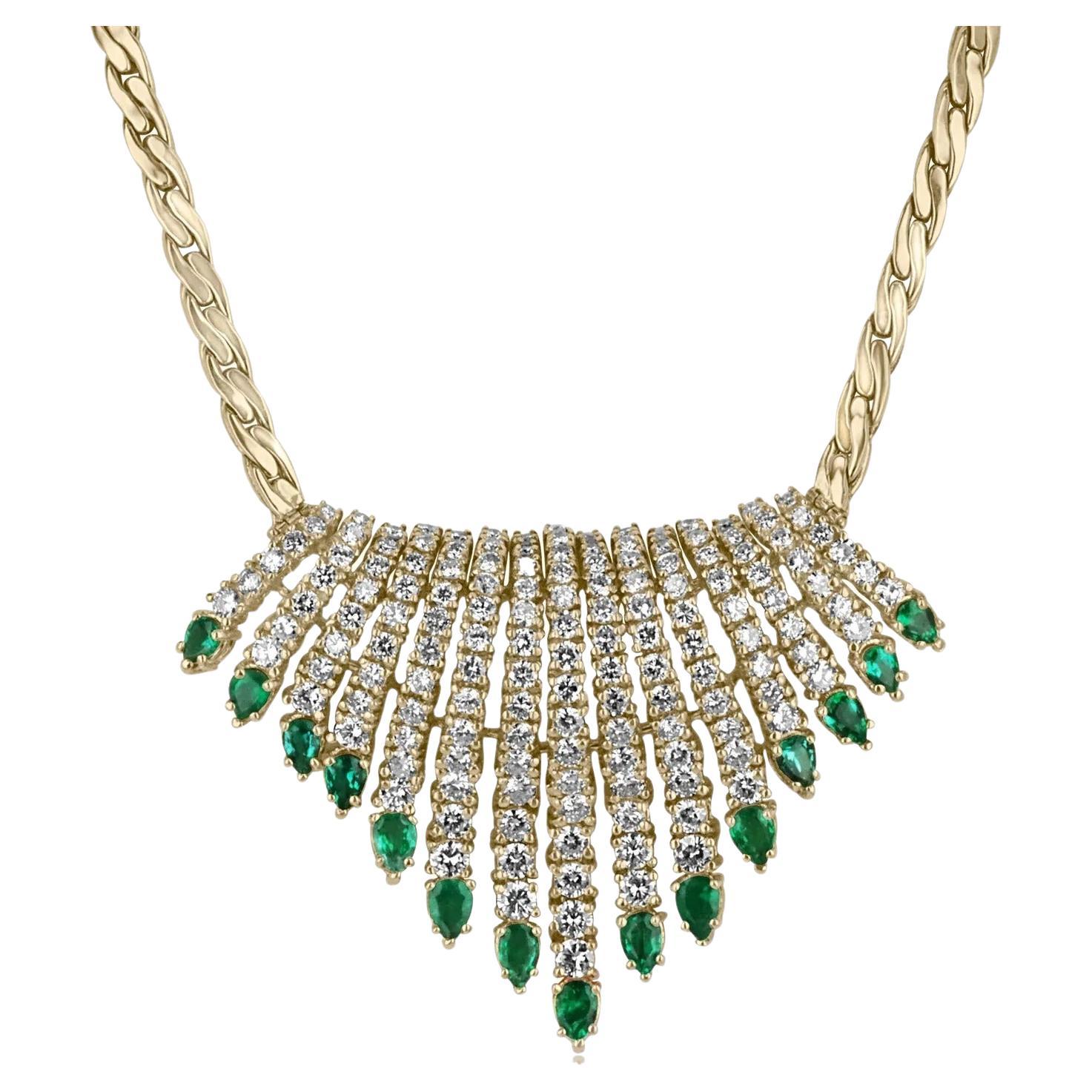 18.30tcw AAA+ Natural Colombian Emerald & Diamond Accent Bib Necklace Gold 18K