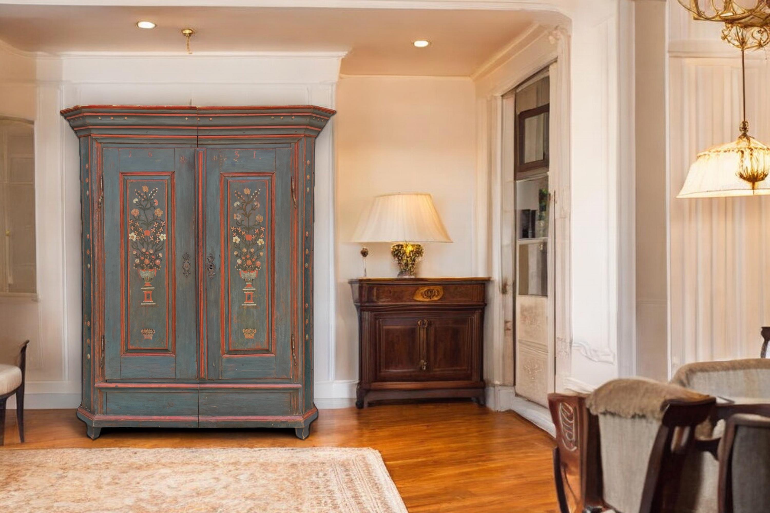 1831 Blue Floral Painted Two Doors Wardrobe 11