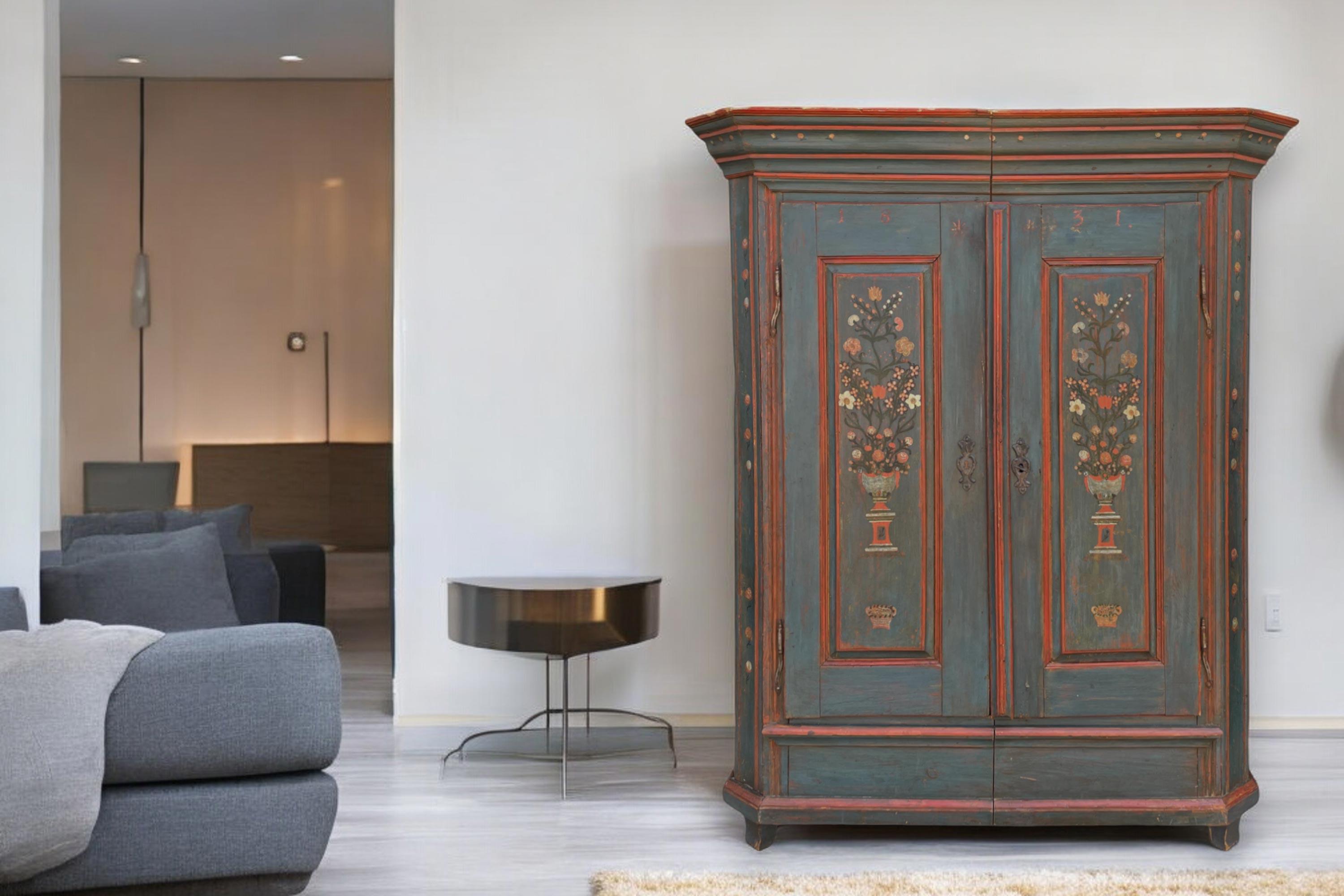 Neoclassical 1831 Blue Floral Painted Two Doors Wardrobe
