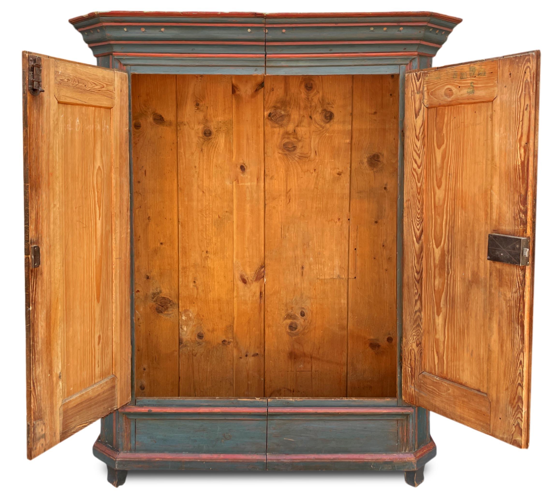 Hand-Carved 1831 Blue Floral Painted Two Doors Wardrobe