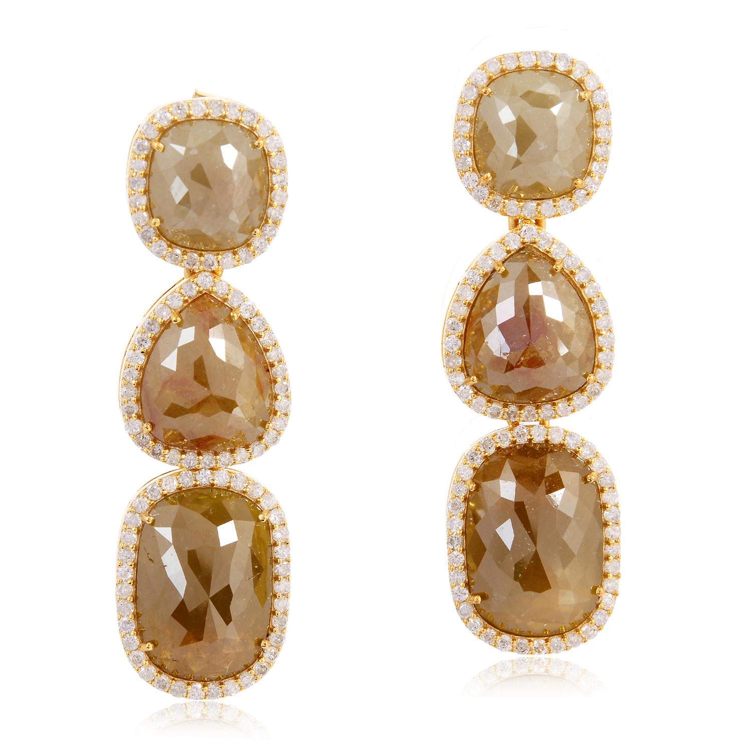 Uncut 18.31 Carat Fancy Diamond 18 Karat Gold Earrings For Sale