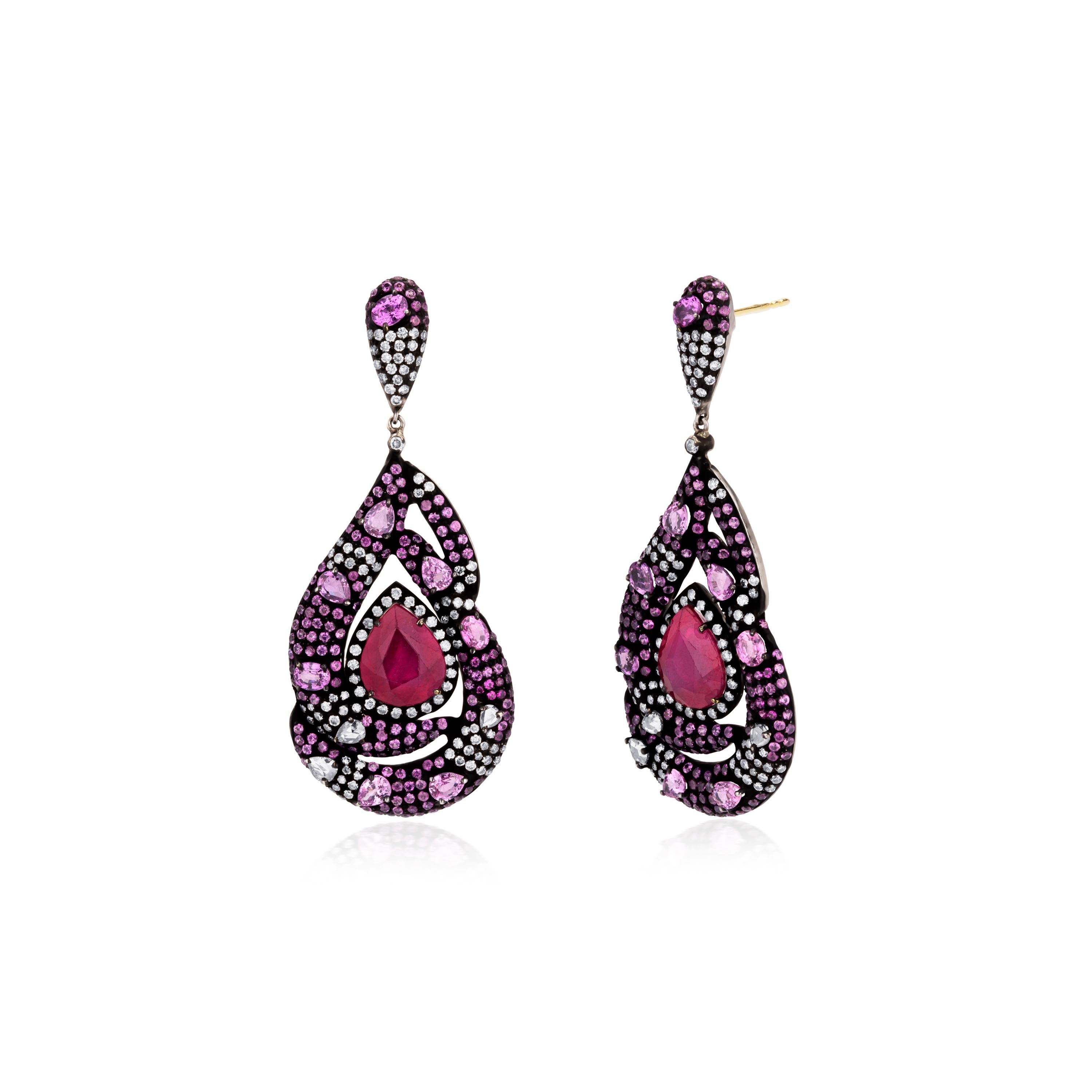 Pear Cut 18.31cttw. Victorian Ruby and Pink Sapphire Dangle Earrings with Diamonds For Sale