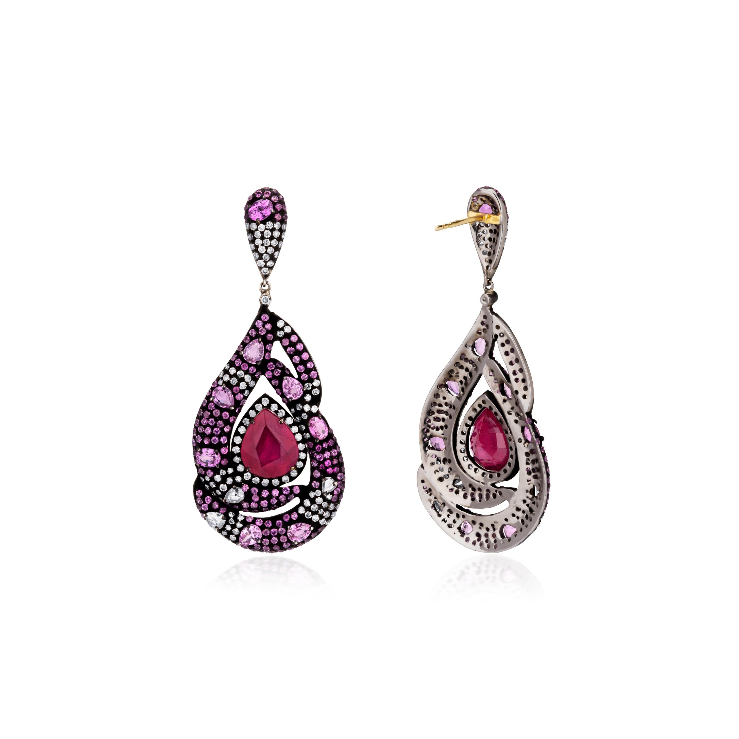 18.31cttw. Victorian Ruby and Pink Sapphire Dangle Earrings with Diamonds In New Condition For Sale In New York, NY