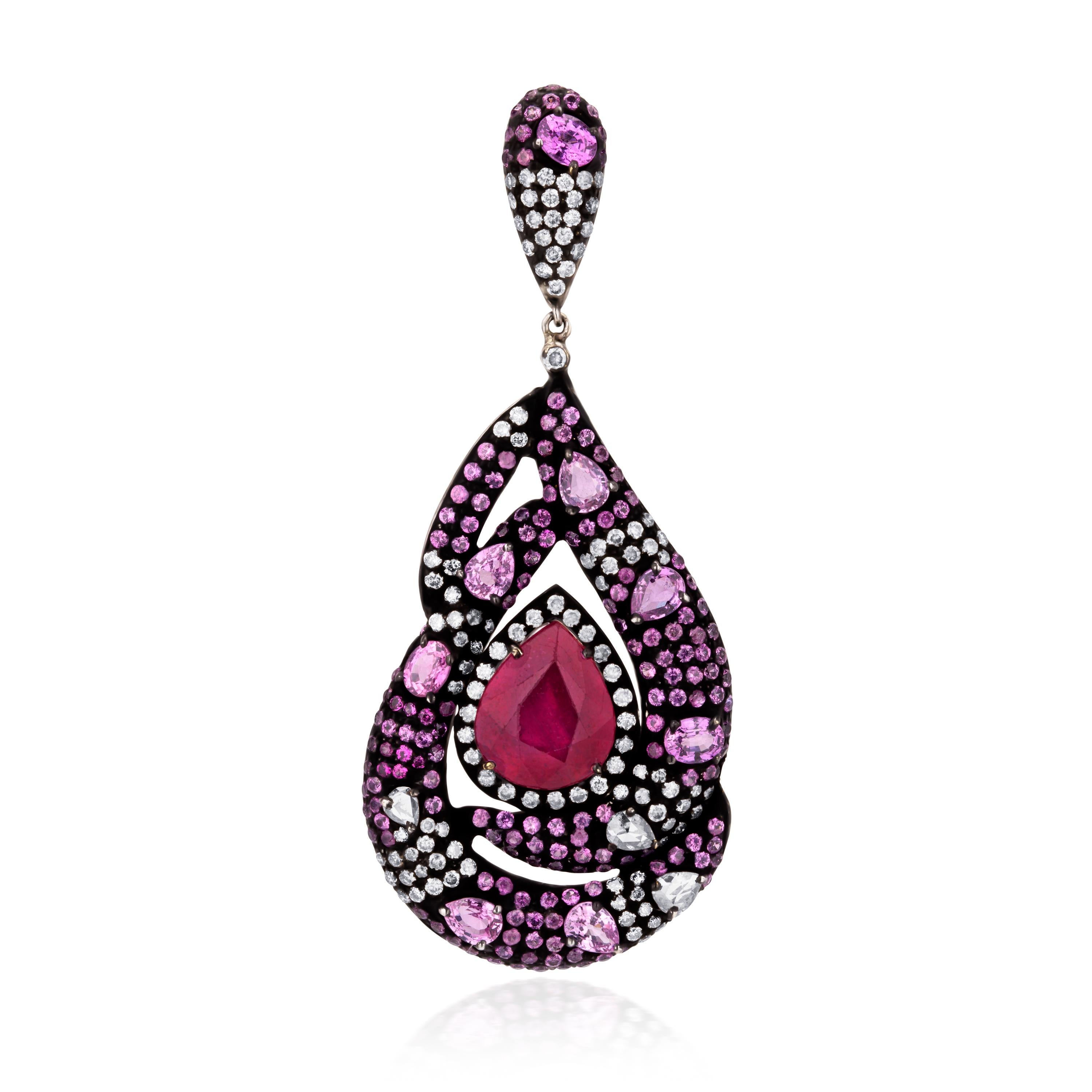 Women's 18.31cttw. Victorian Ruby and Pink Sapphire Dangle Earrings with Diamonds For Sale