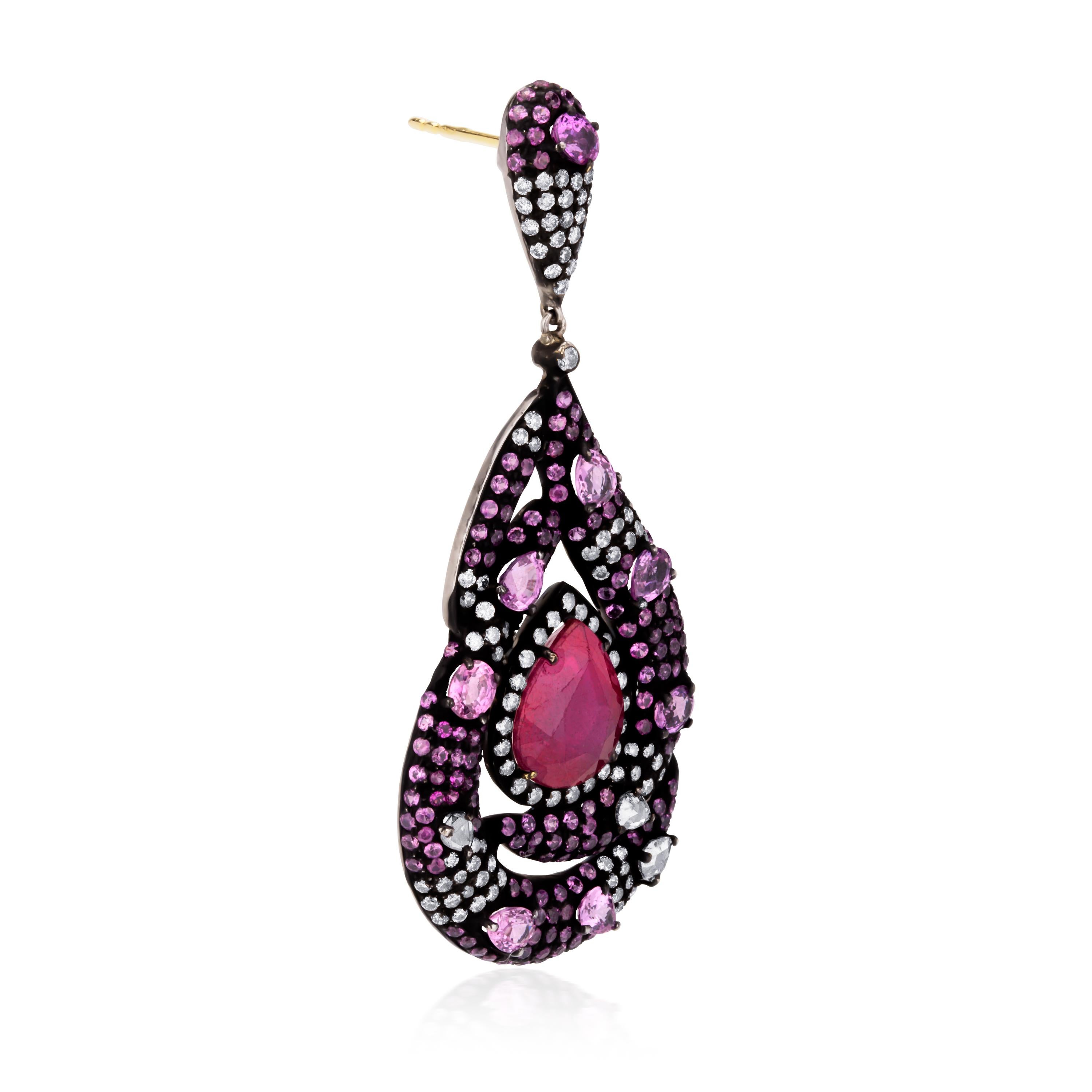 18.31cttw. Victorian Ruby and Pink Sapphire Dangle Earrings with Diamonds For Sale 1