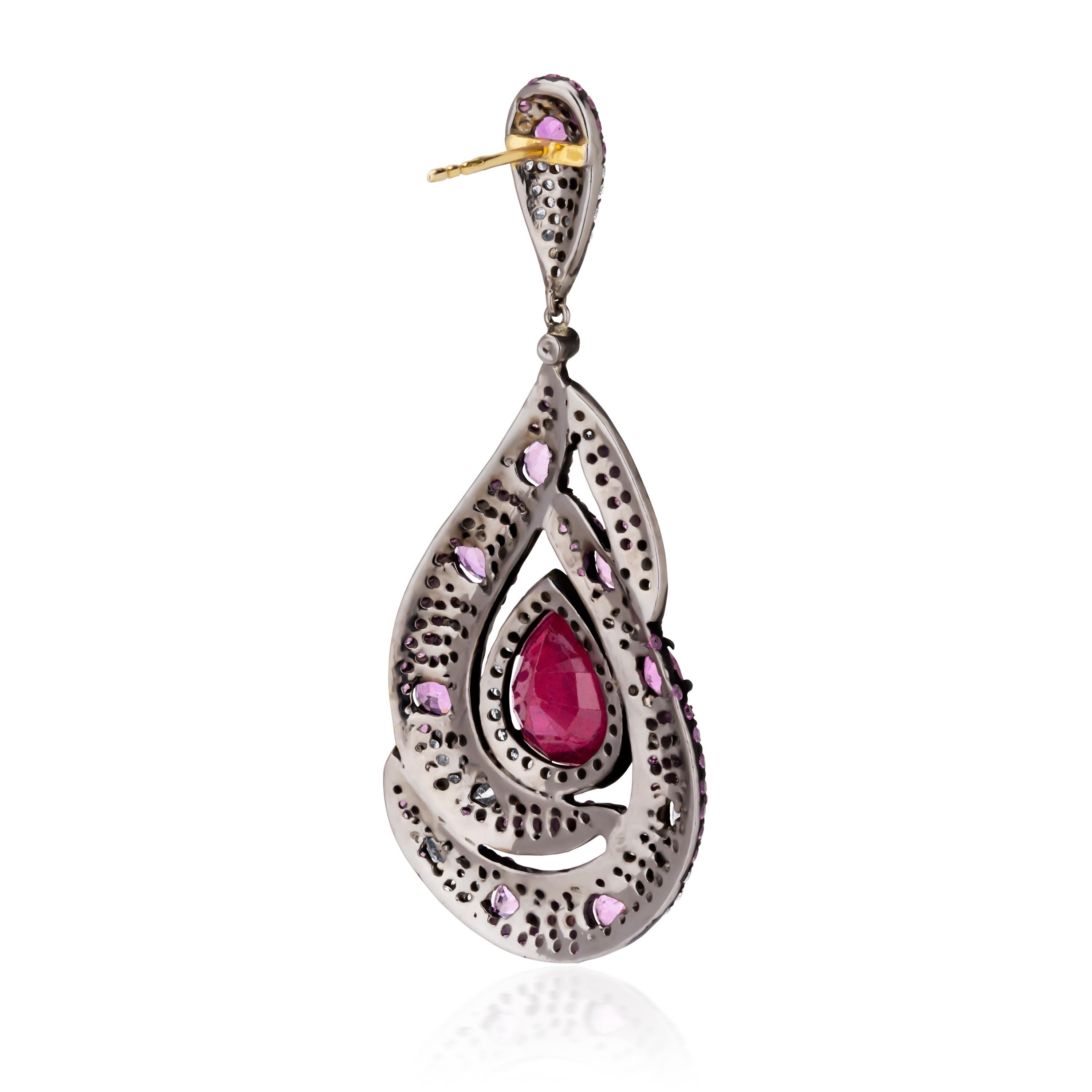 18.31cttw. Victorian Ruby and Pink Sapphire Dangle Earrings with Diamonds For Sale 2