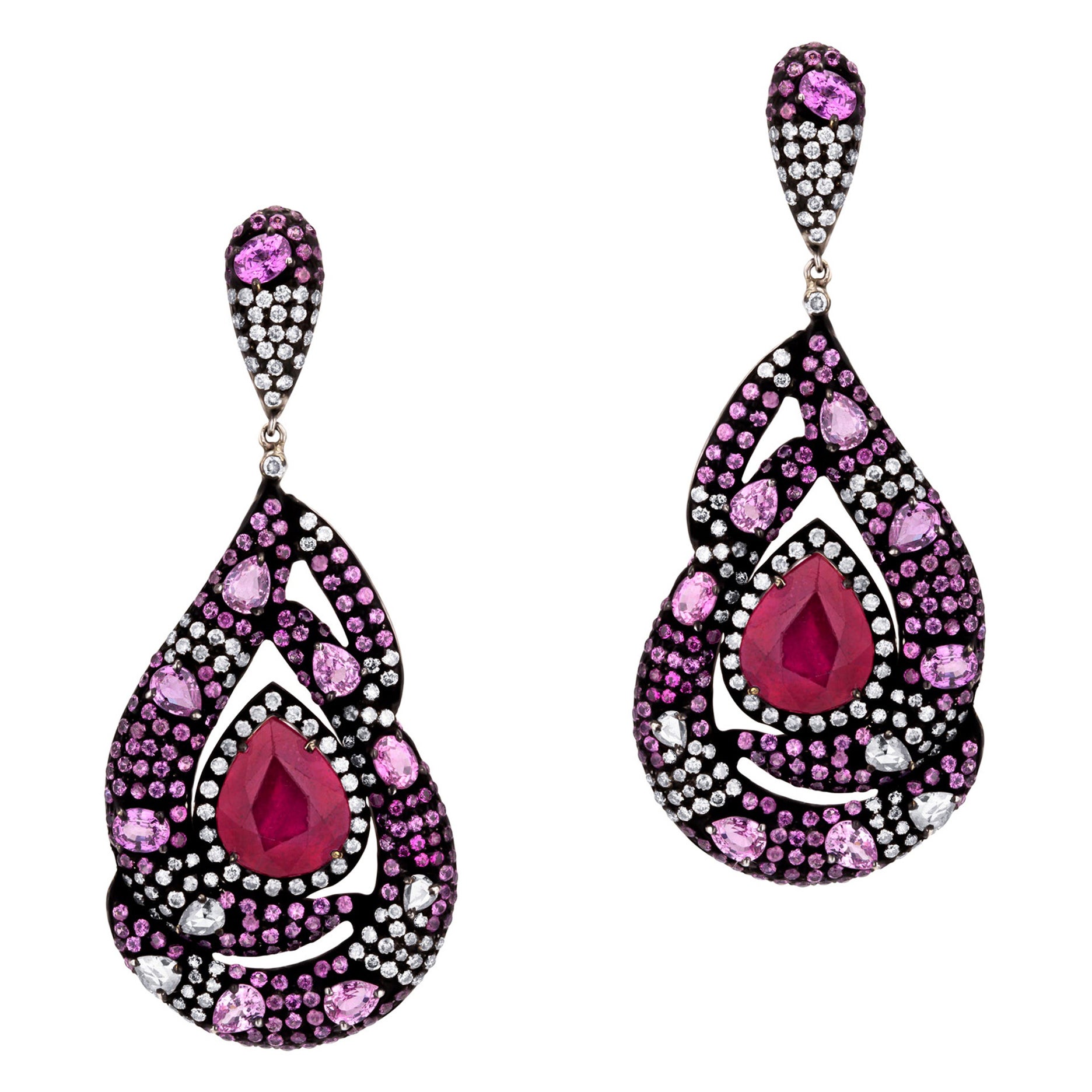 18.31cttw. Victorian Ruby and Pink Sapphire Dangle Earrings with Diamonds For Sale