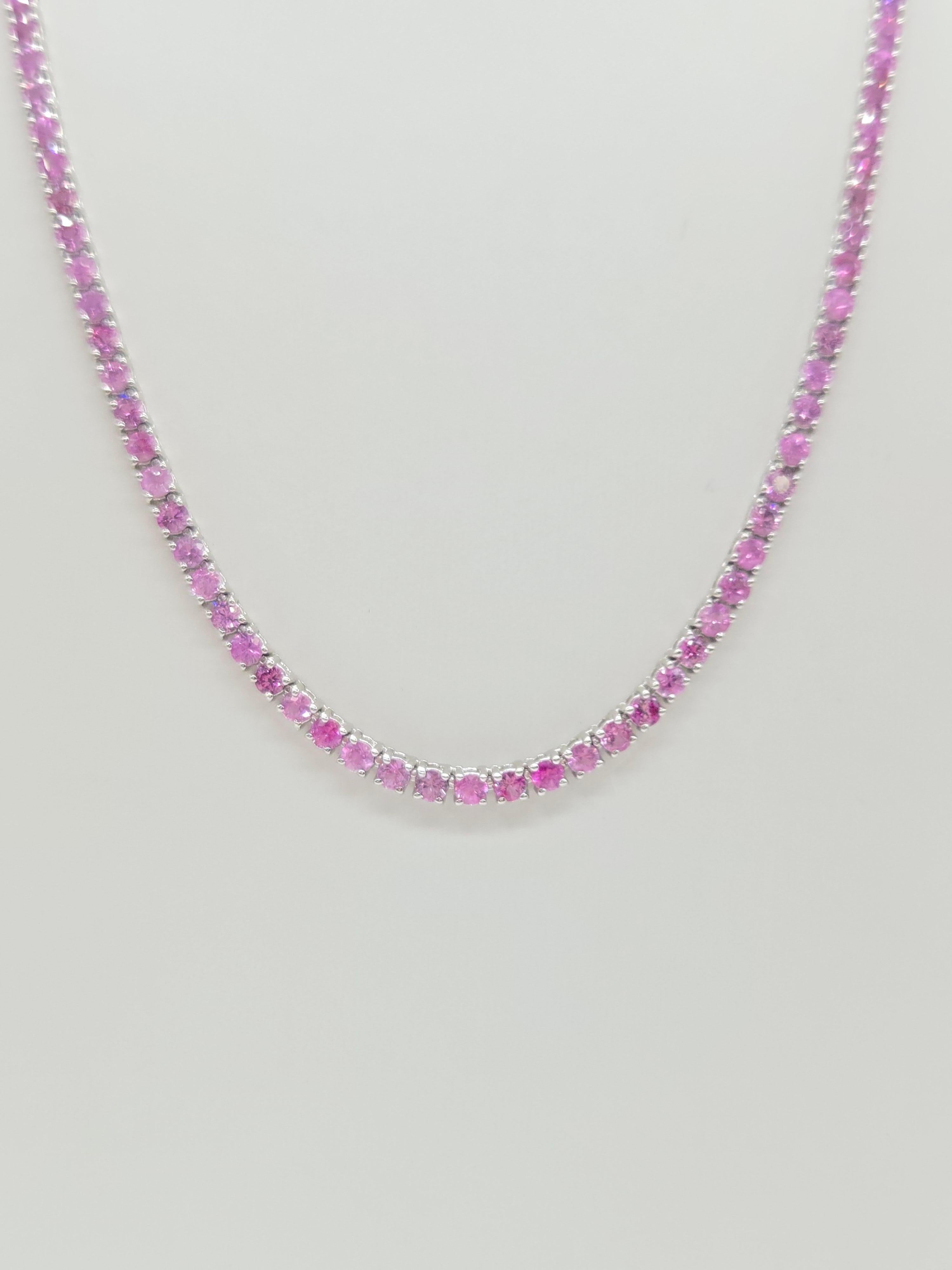 Collar de tenis de zafiro rosa natural de 18,33 quilates en oro blanco de 14 quilates Corte redondo en venta