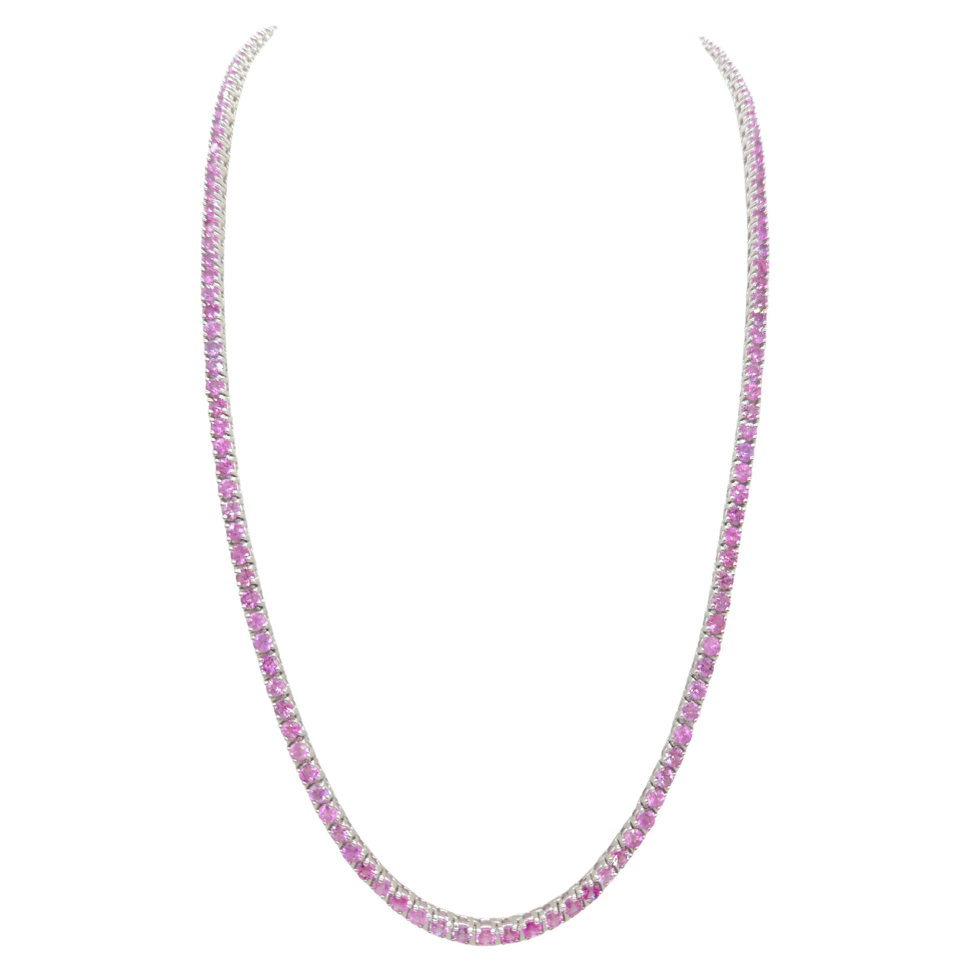 Collar de tenis de zafiro rosa natural de 18,33 quilates en oro blanco de 14 quilates