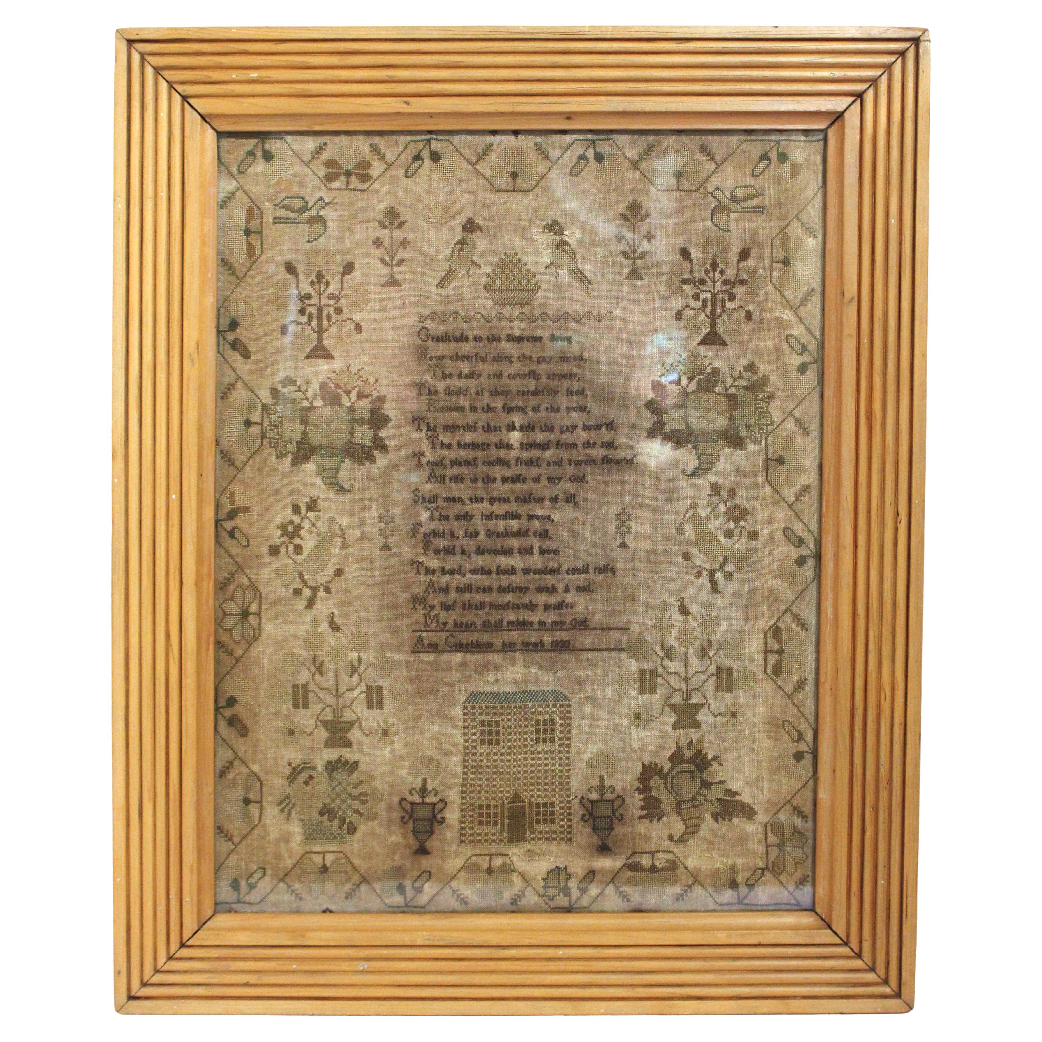 Muestrario de 1833 hecho por Ann Crehlow en marco de pino antiguo, inglés