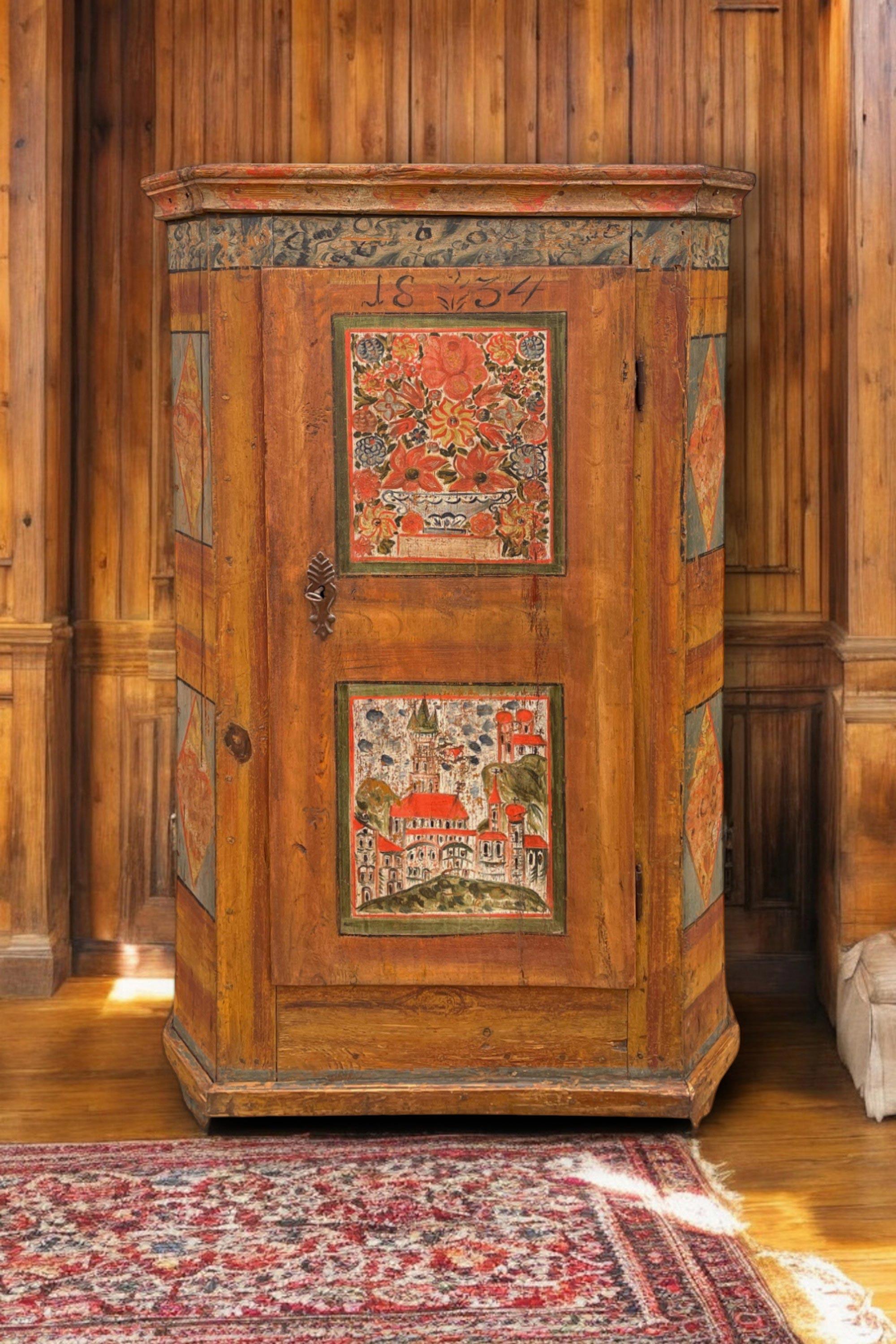 Armoire peinte à fleurs alpines de 1834 Bon état à Vo', Veneto