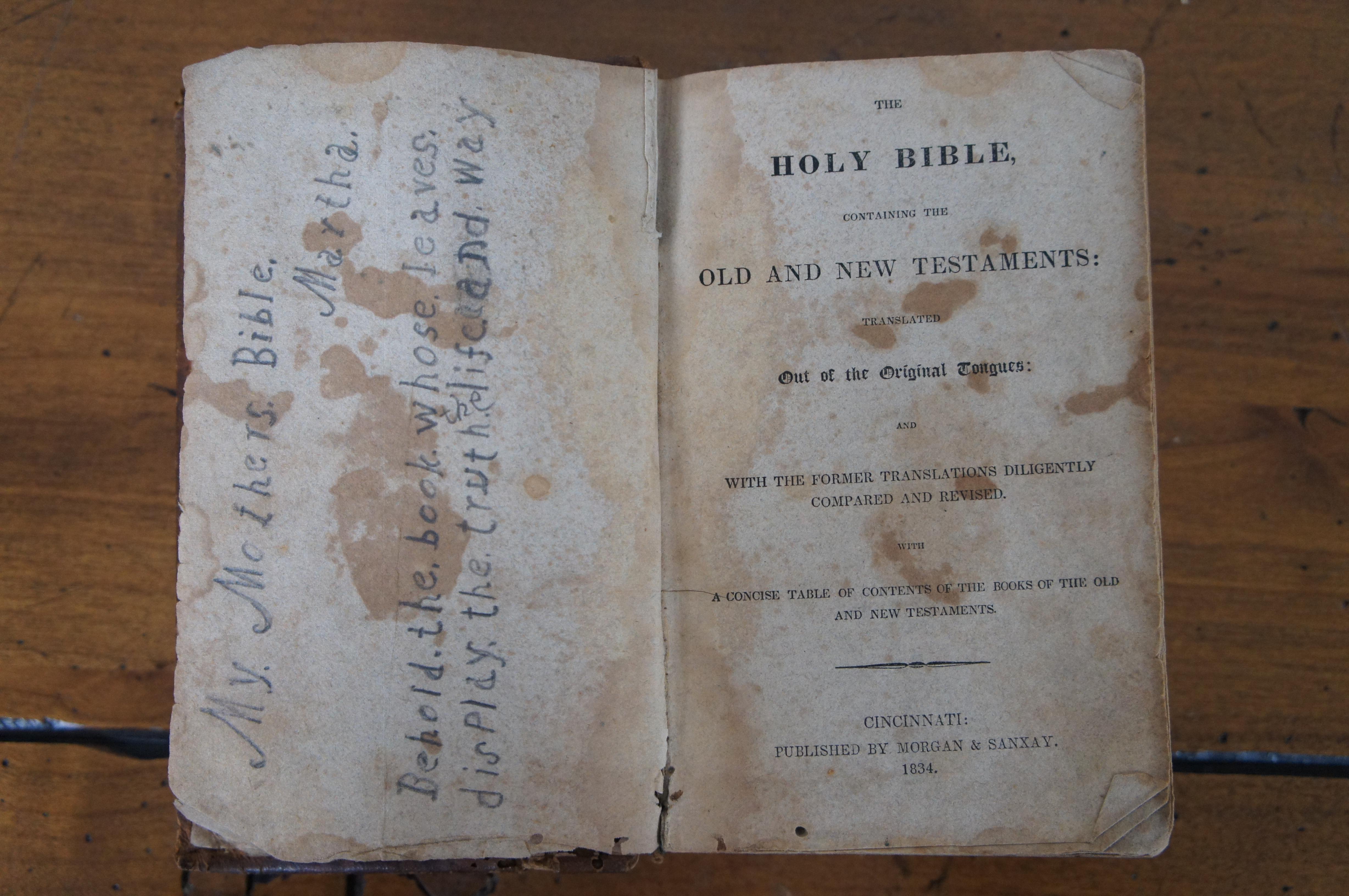 1834 Antique Morgan & Sanxay Leather Bound Holy Christian Bible 4