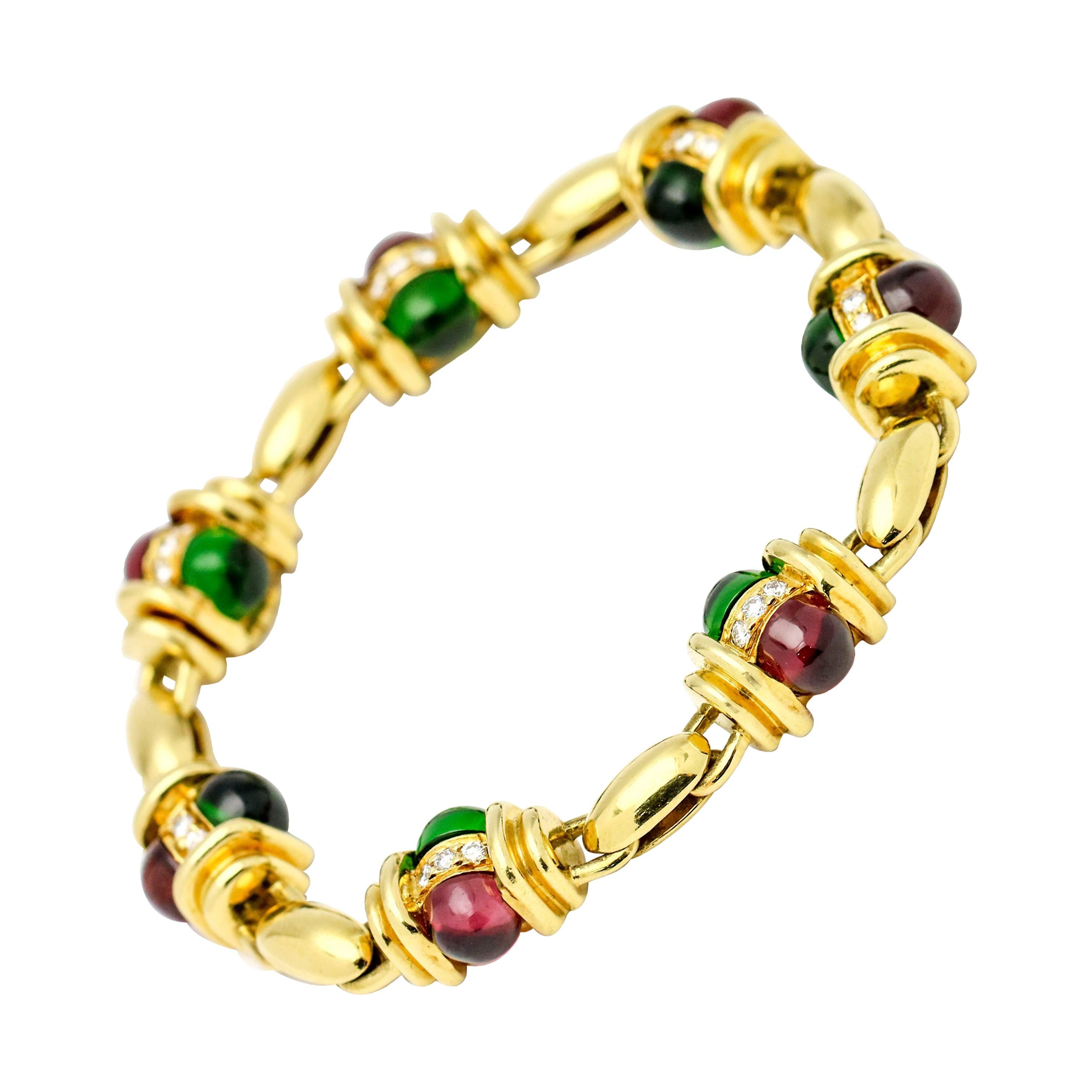 18.34 Carat Chrome Tourmaline Rubellite Diamond 18 Karat Yellow Gold Bracelet For Sale