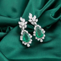 Natural Pear Cut Zambian Emerald Diamond Drop Earrings Handmade 18K White Gold