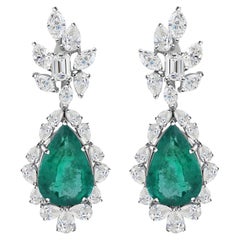 Natural Pear Cut Zambian Emerald Diamond Drop Earrings Handmade 18K White Gold