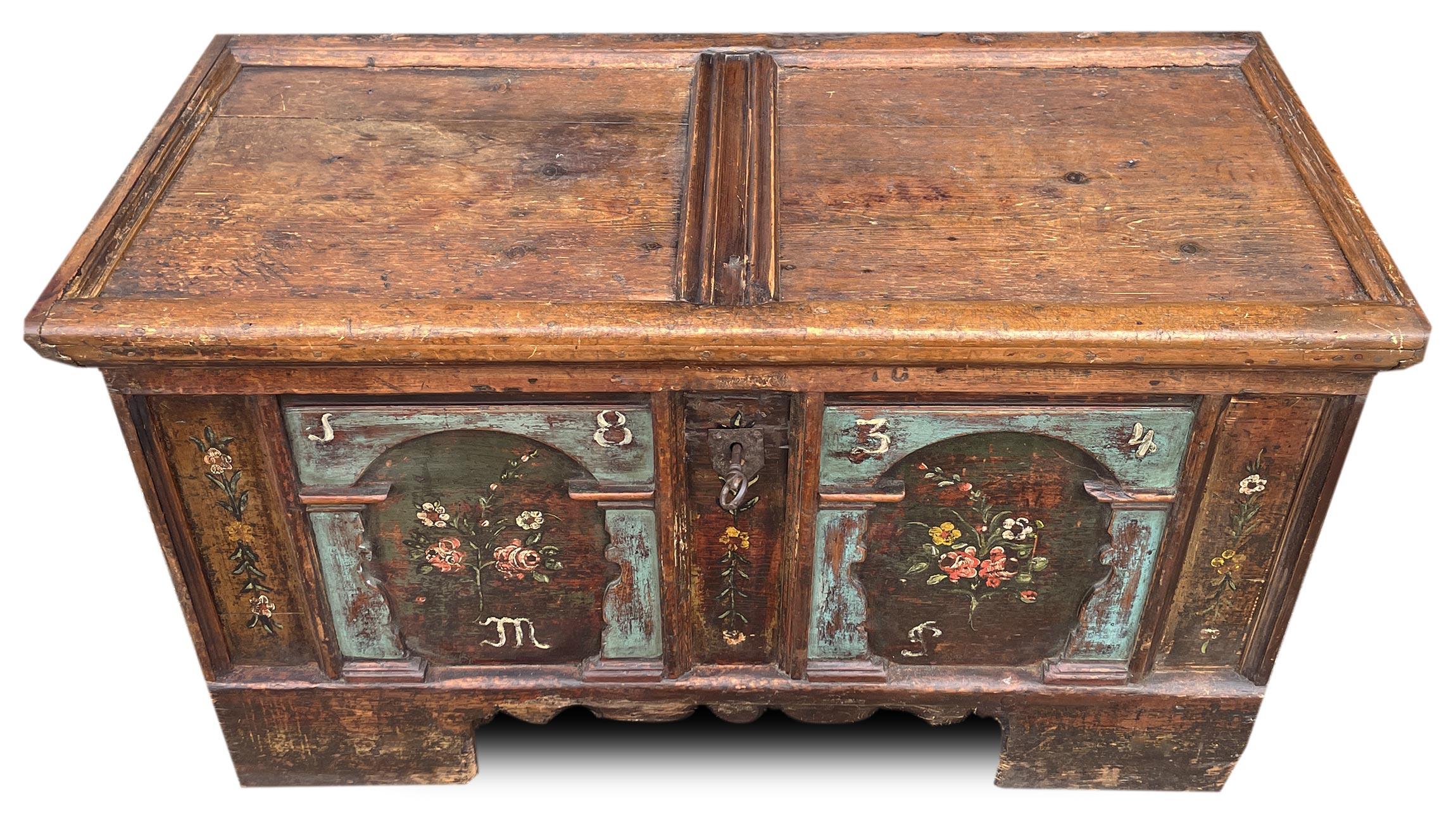 1834 Light Blue Floral Painted Blanket Chest For Sale 5