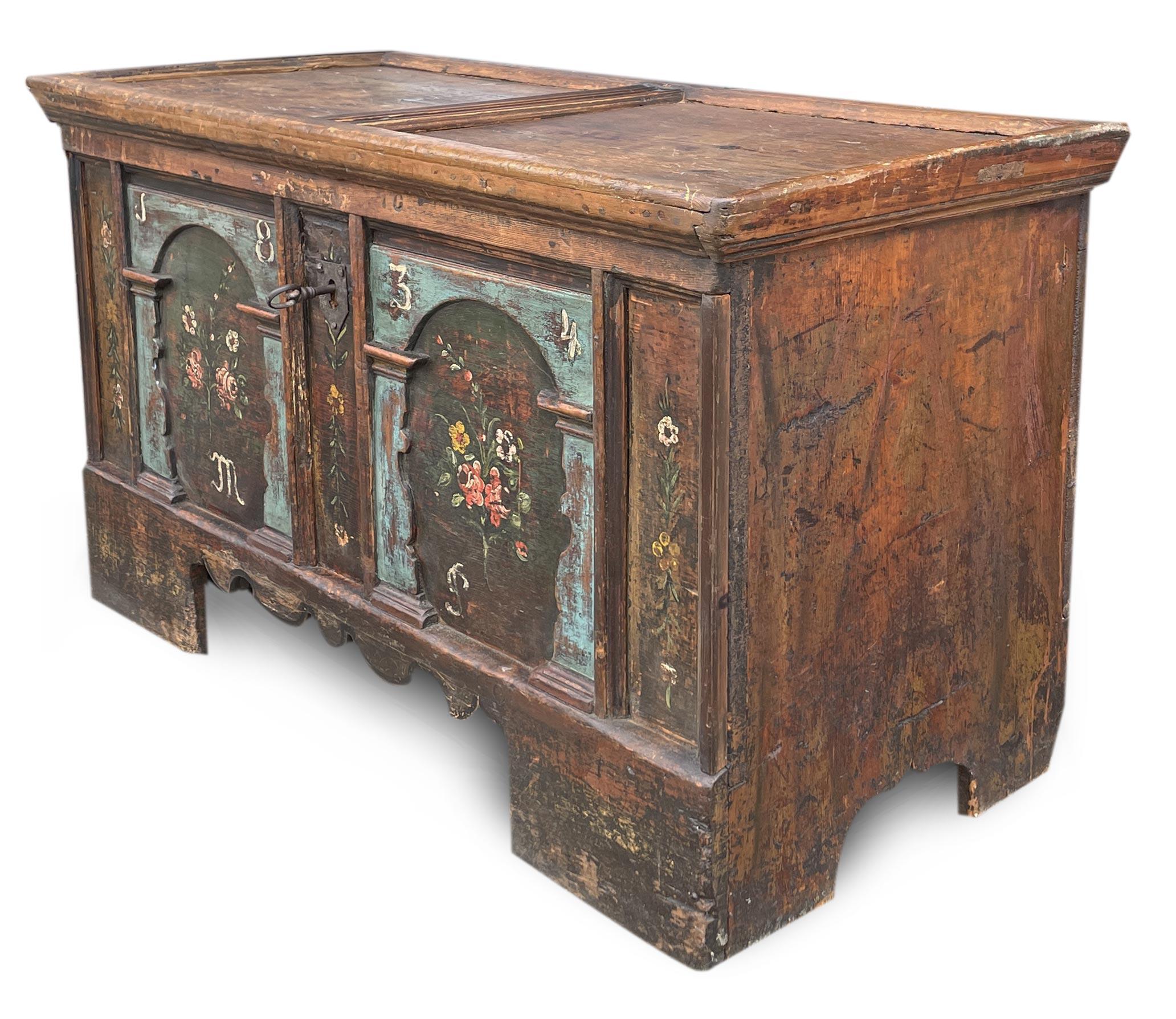 1834 Light Blue Floral Painted Blanket Chest For Sale 6