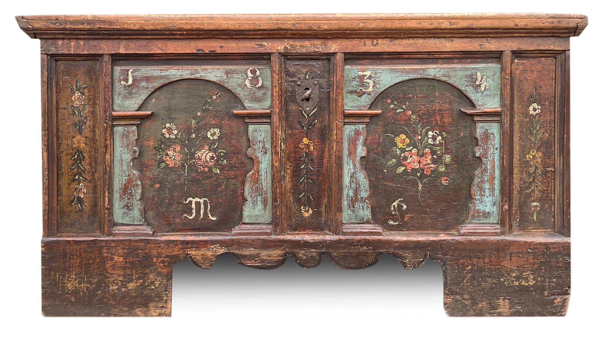1834 Light Blue Floral Painted Blanket Chest For Sale 7