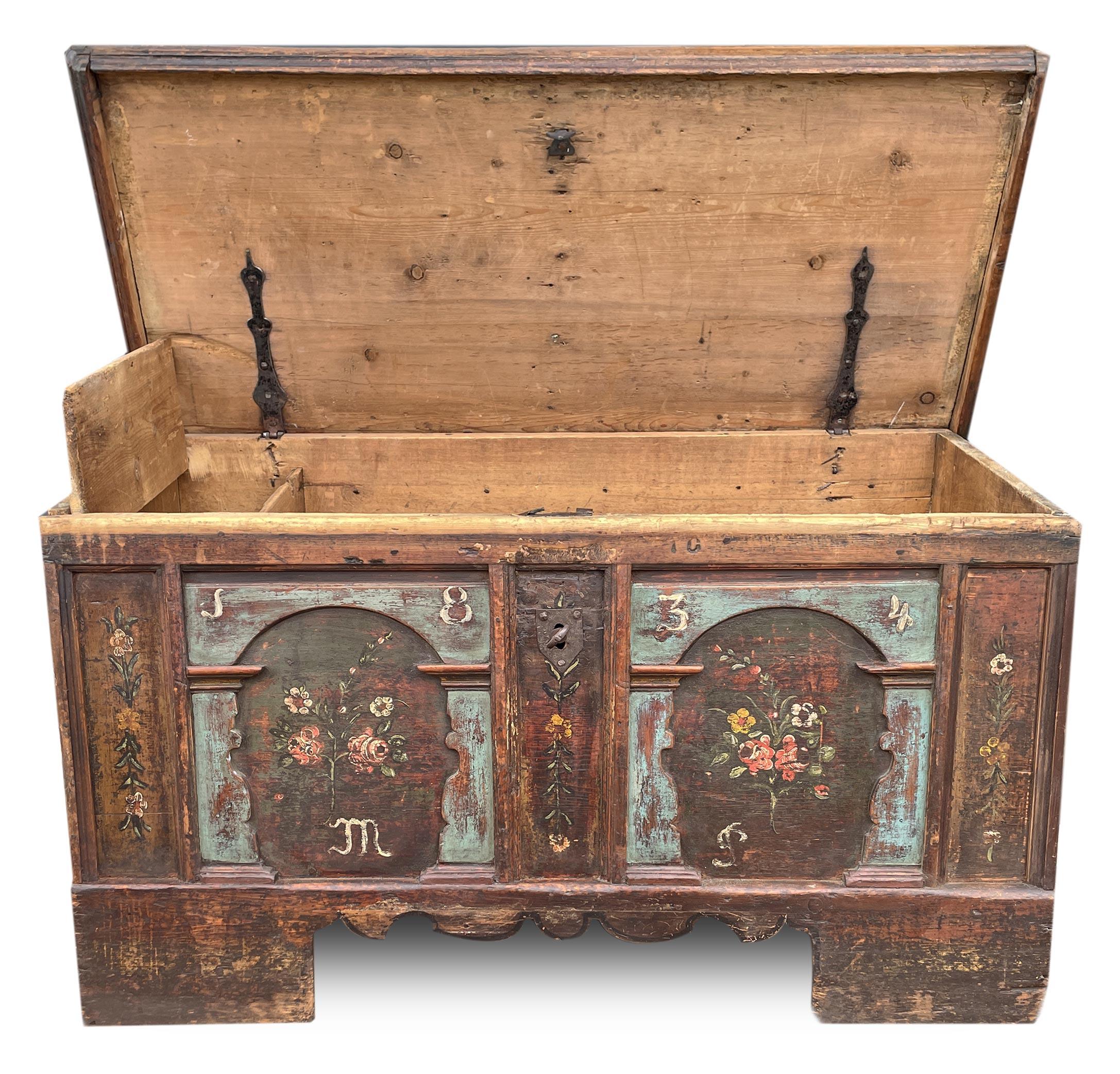 1834 Light Blue Floral Painted Blanket Chest For Sale 8