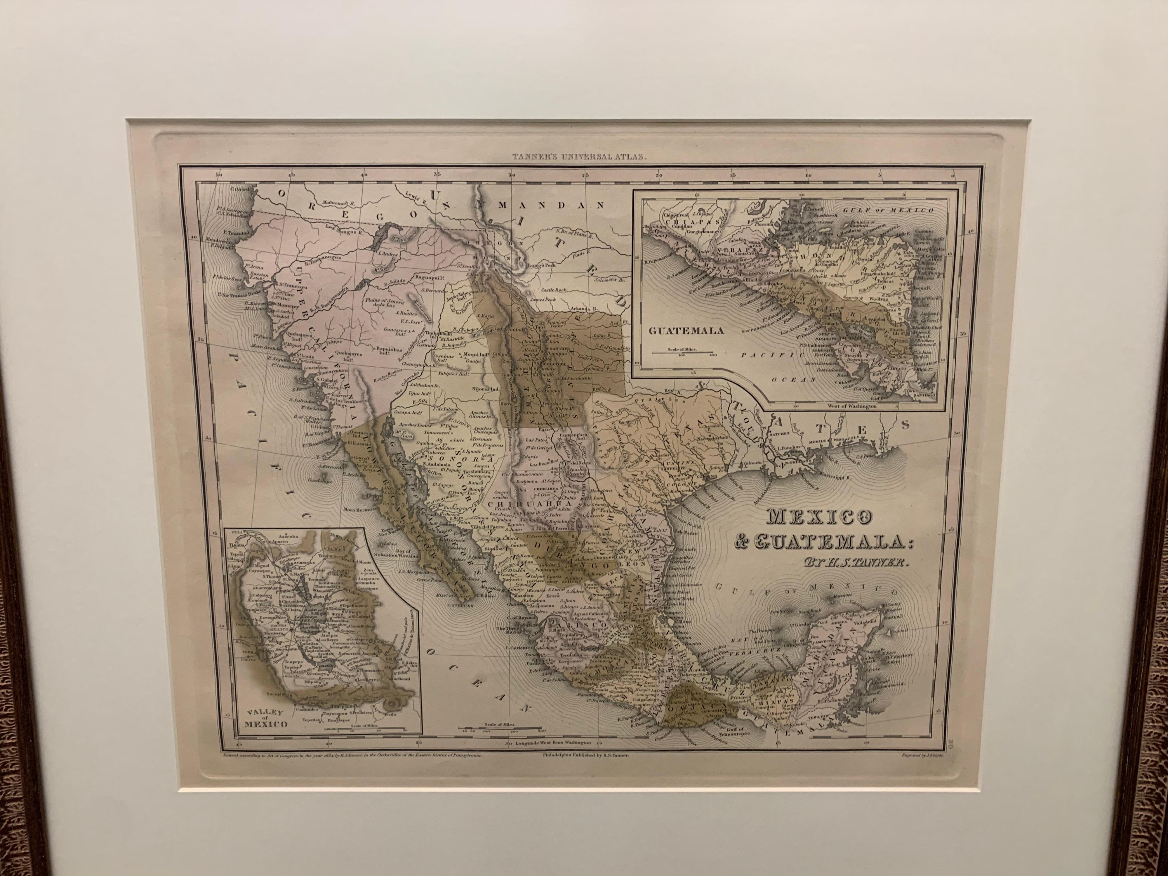 American Classical 1834 Mexico & Guatemala Framed Map by H.S. Tanner  For Sale