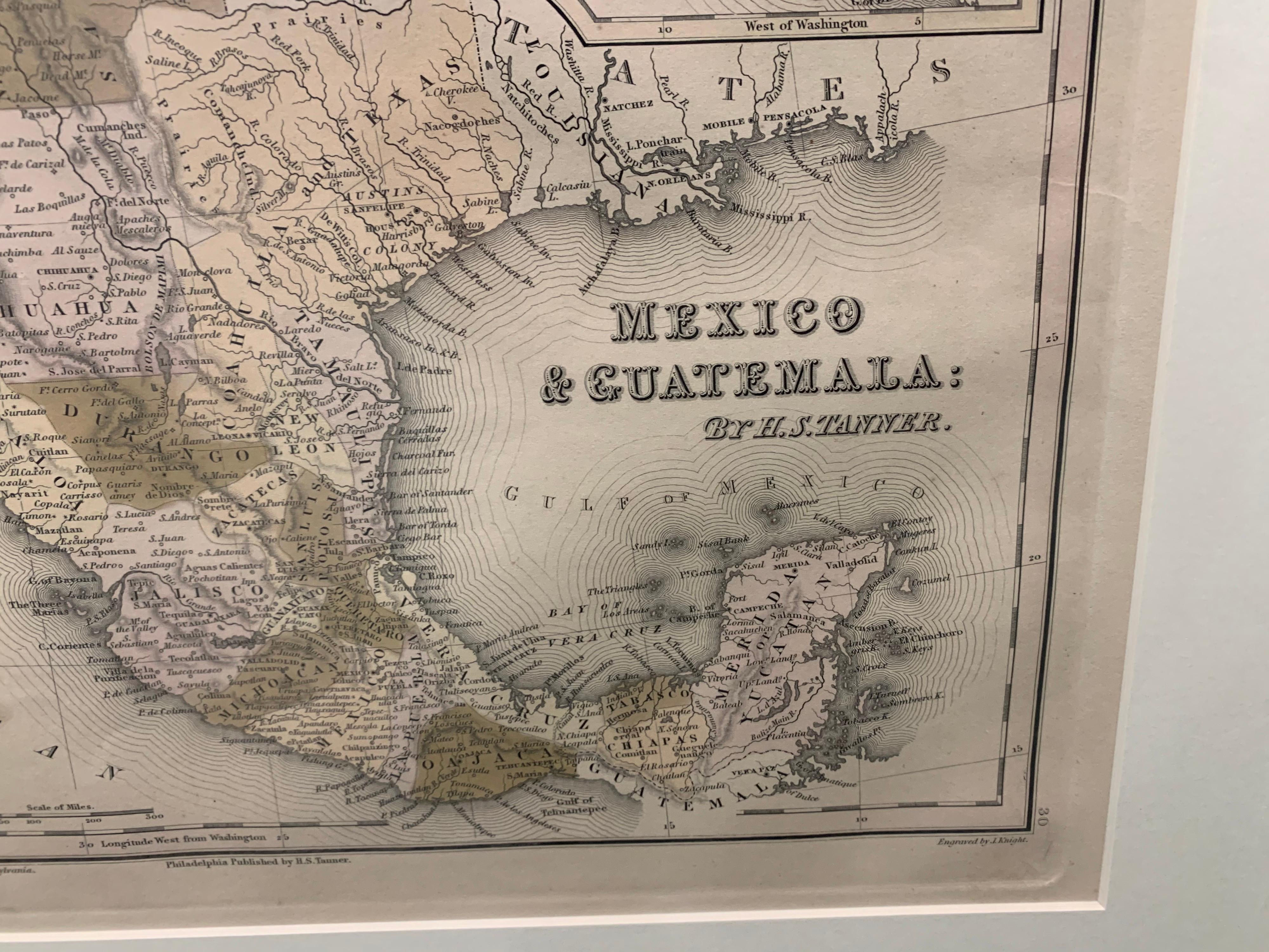1834 Mexico & Guatemala Framed Map by H.S. Tanner  In Good Condition For Sale In Stamford, CT