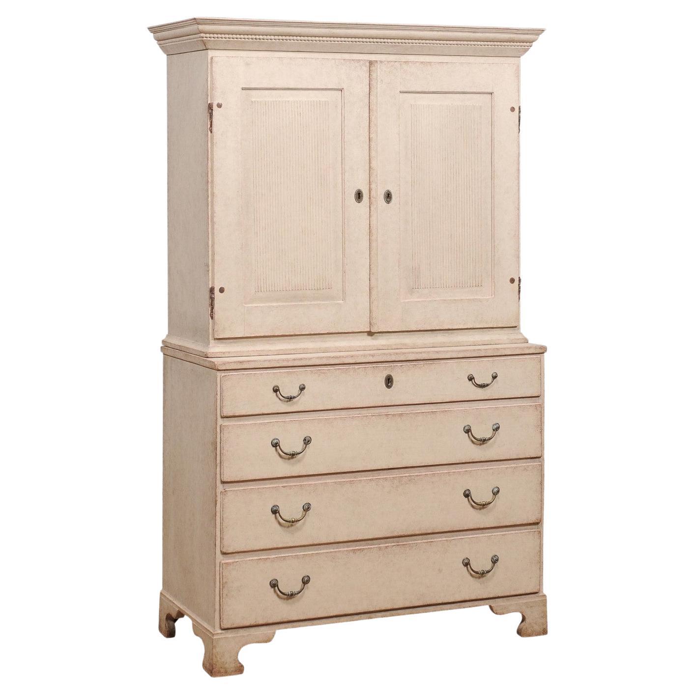 1834 Swedish Two-part Painted Cabinet with Doors and Graduated Drawers