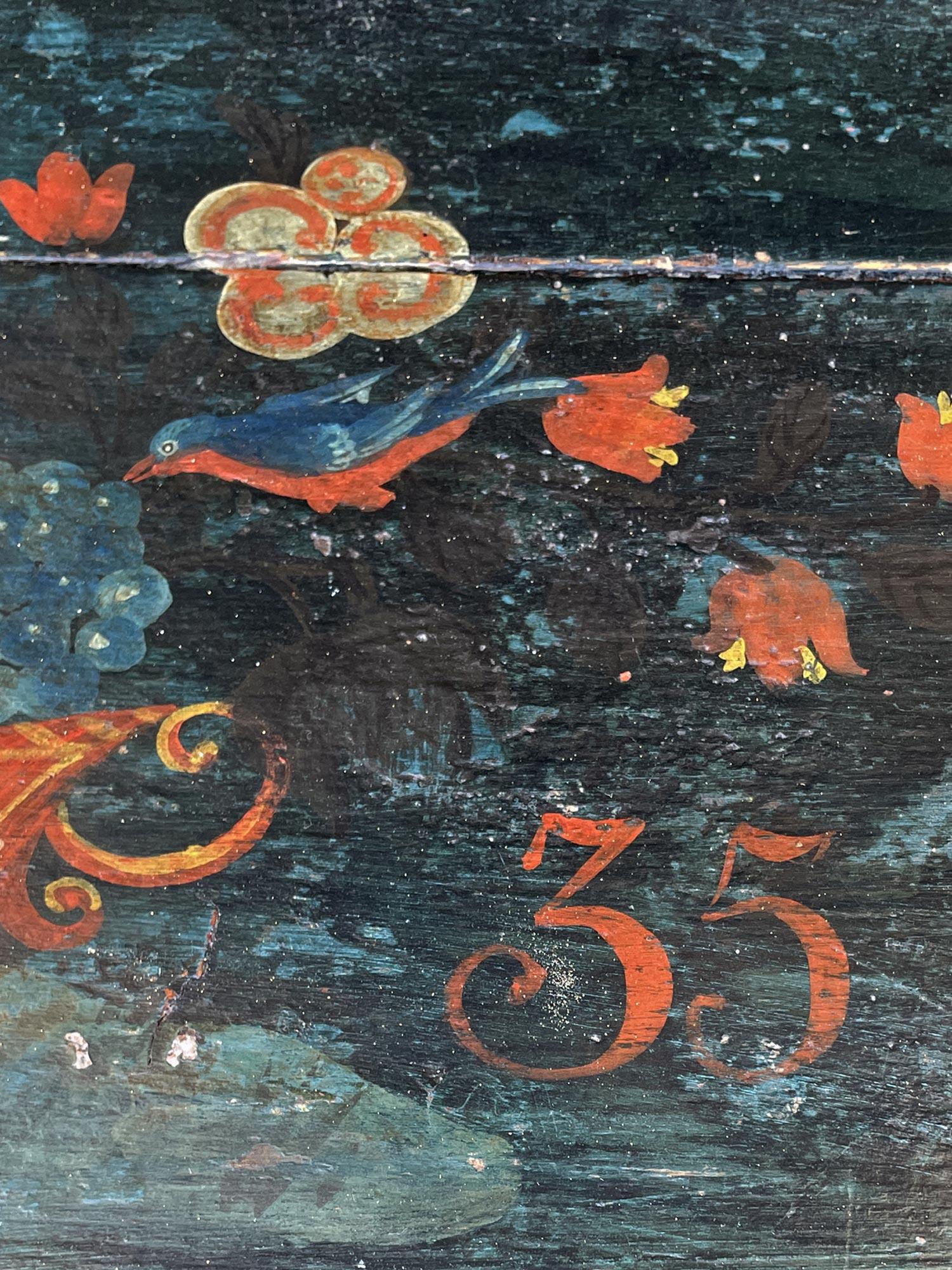 1835 Coffre à couvertures peint de motifs floraux bleus 8