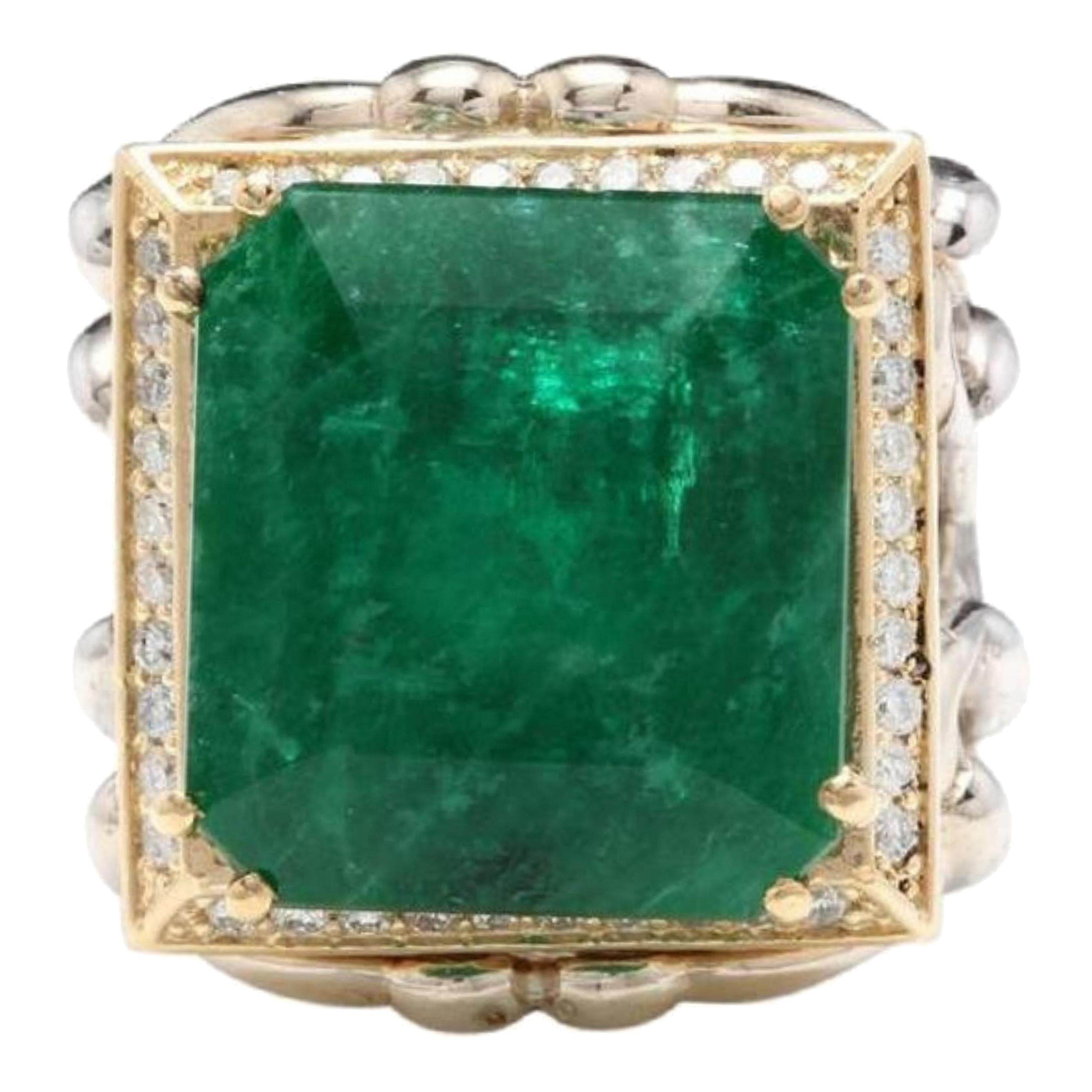 18.35 Carat Natural Emerald and Diamond 14 Karat Solid Two Gold Ring