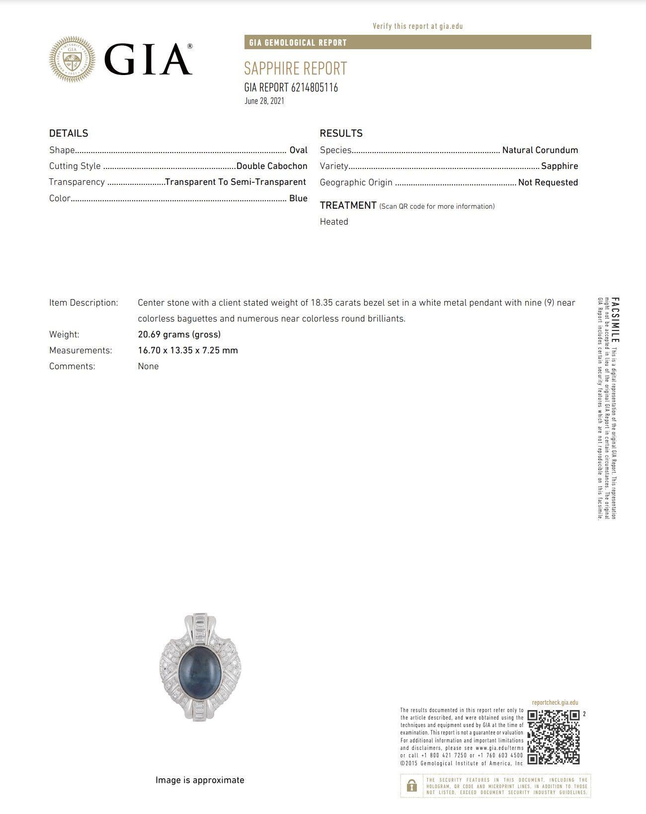 18.35 Carat Sapphire Diamond Platinum Pendant Necklace GIA Estate Fine Jewelry For Sale 1