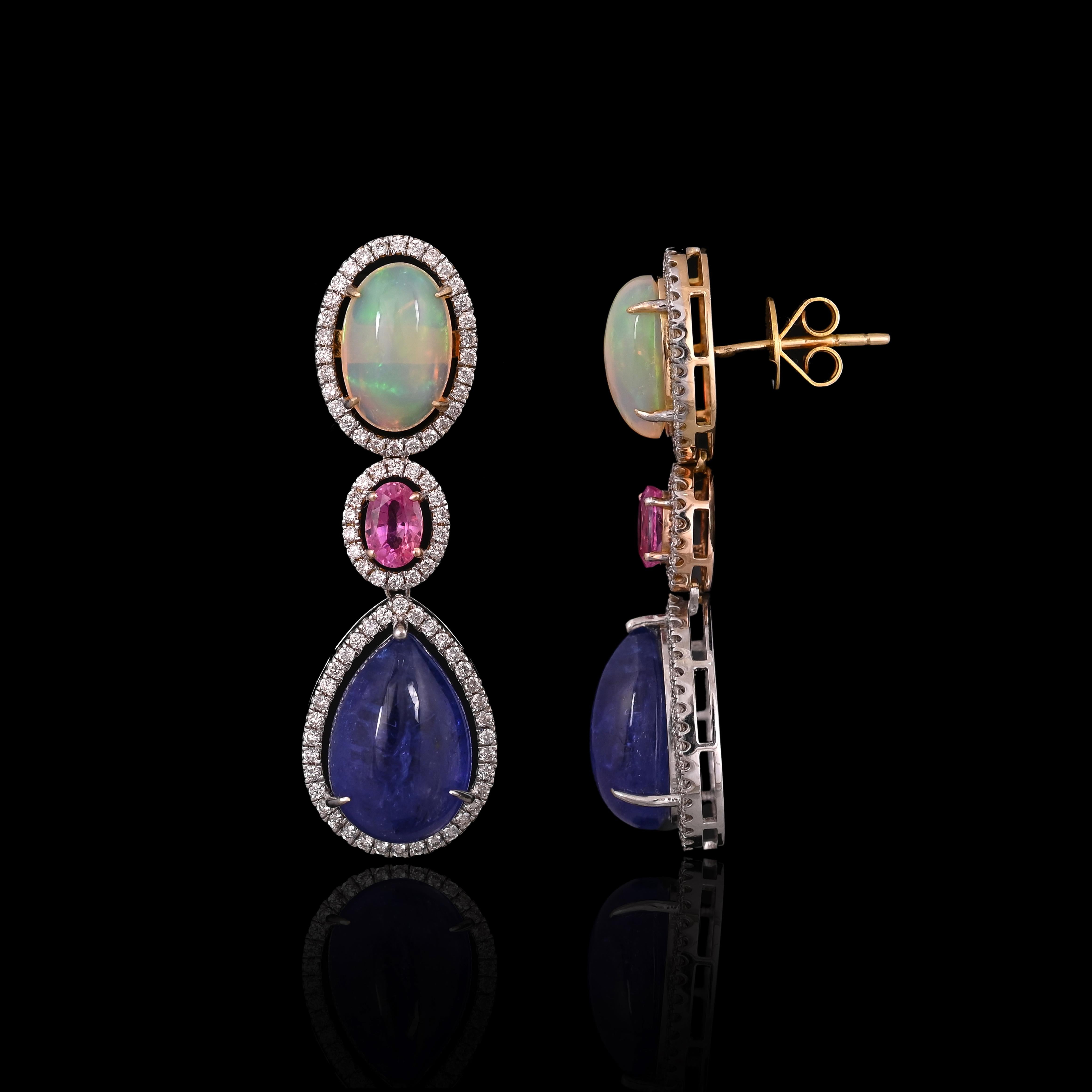 18.35 carats, Ethiopian Opal, Pink Sapphire & Tanzanite Chandelier Earrings For Sale 4