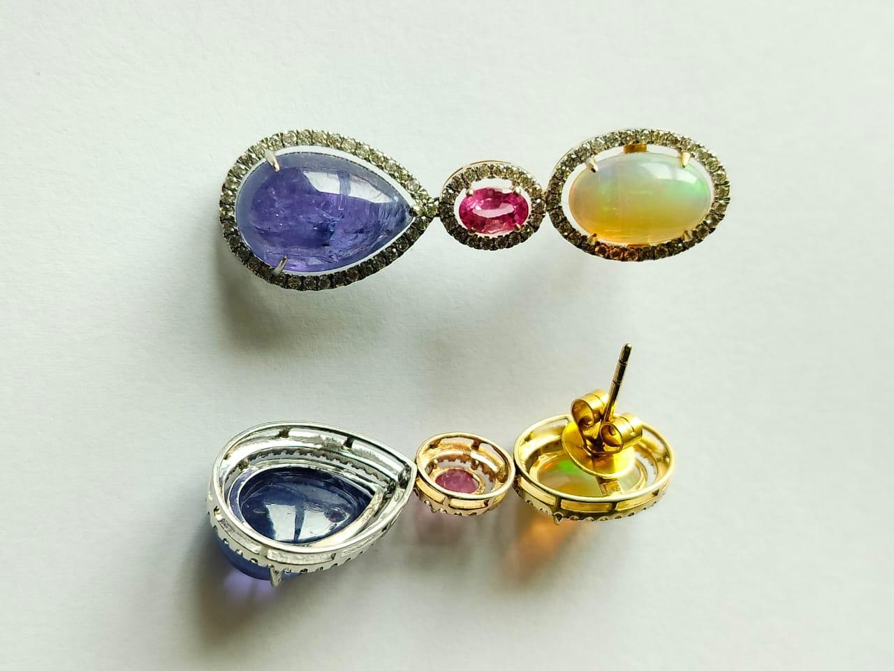 Women's 18.35 carats, Ethiopian Opal, Pink Sapphire & Tanzanite Chandelier Earrings For Sale