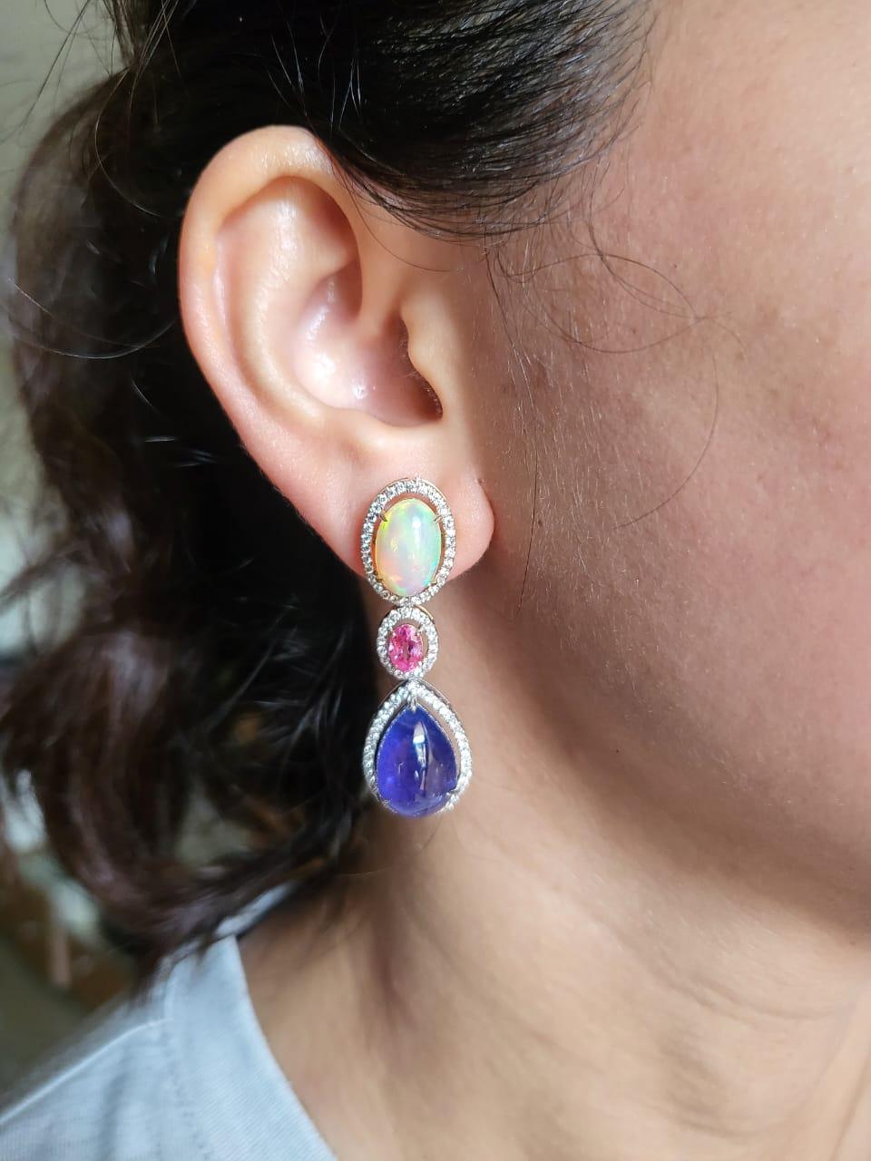 18.35 carats, Ethiopian Opal, Pink Sapphire & Tanzanite Chandelier Earrings For Sale 2