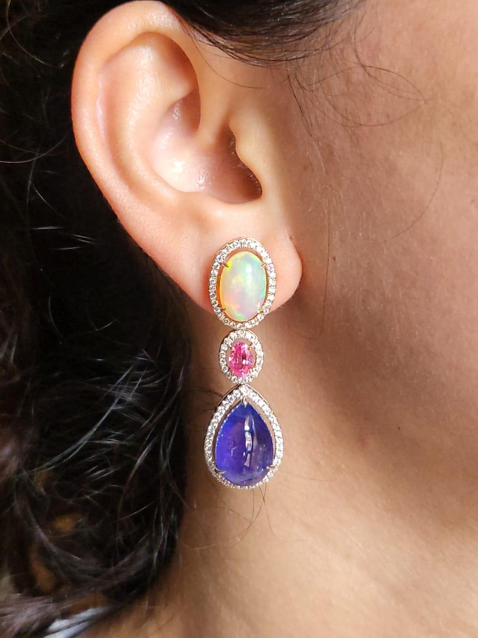 18.35 carats, Ethiopian Opal, Pink Sapphire & Tanzanite Chandelier Earrings For Sale 3