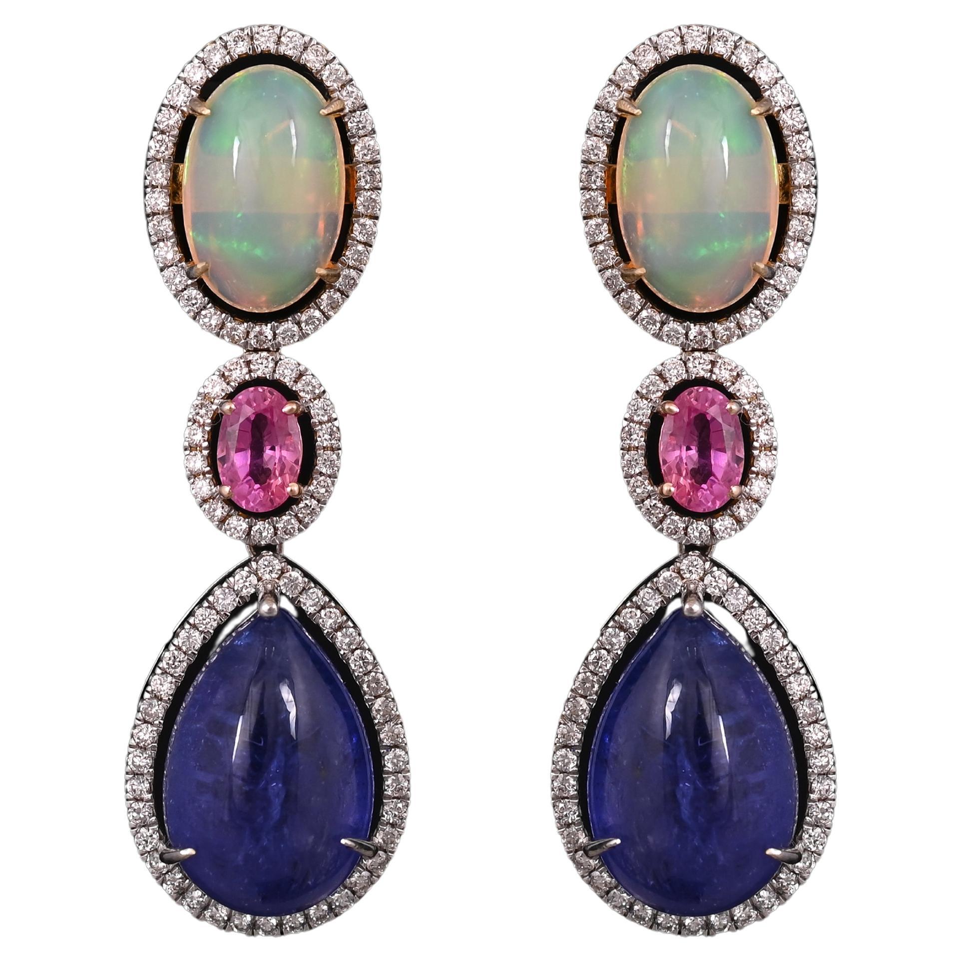 Boucles d'oreilles chandelier en opale éthiopienne, saphir rose et tanzanite 18,35 carats en vente