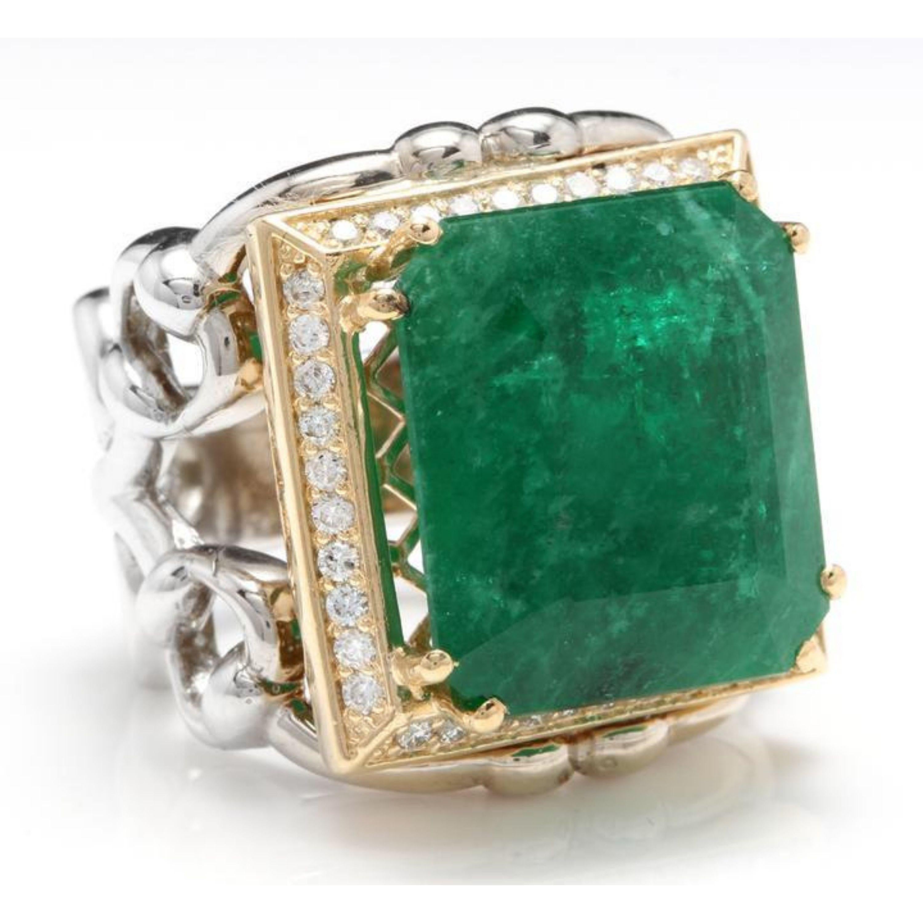 18.35 Carats Natural Emerald and Diamond 14K Solid Two Gold Ring

Total Natural Green Emerald Weight is: 17.60 Carats

Emerald Measures: 17.00 x 15.50mm

Natural Round Diamonds Weight: Approx. 0.75 Carats (color G-H / Clarity SI1-SI2)

Ring size: 7