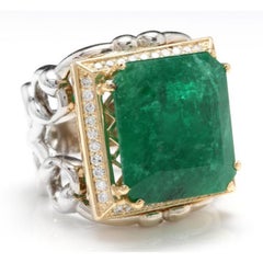 18.35 Carat Natural Emerald and Diamond 14 Karat Solid Two Gold Ring
