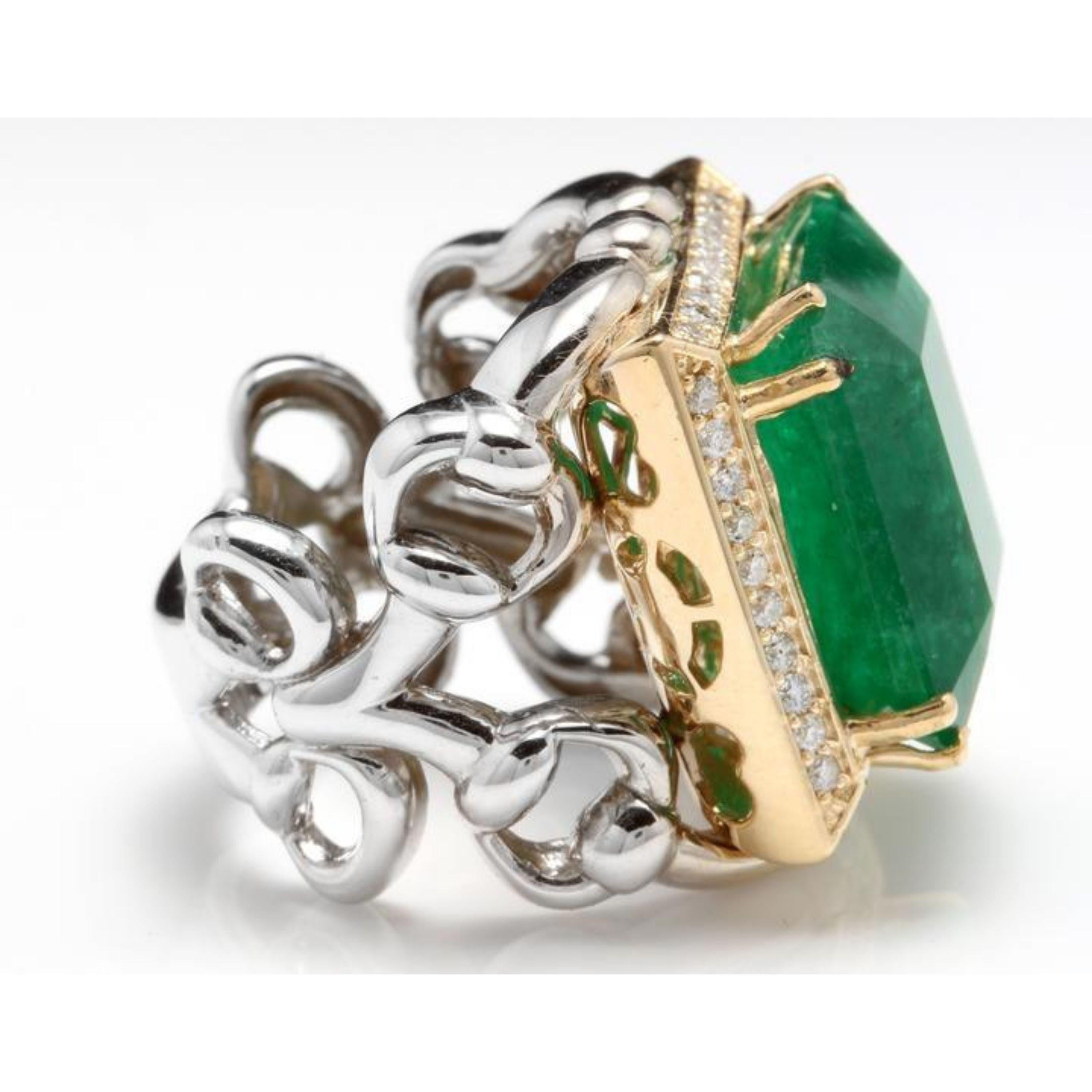 Mixed Cut 18.35 Carat Natural Emerald and Diamond 14 Karat Solid Two Gold Ring For Sale