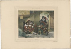 1835 Hand-Colored Lithograph: A 17th Century Guardroom - Soldiers at Rest