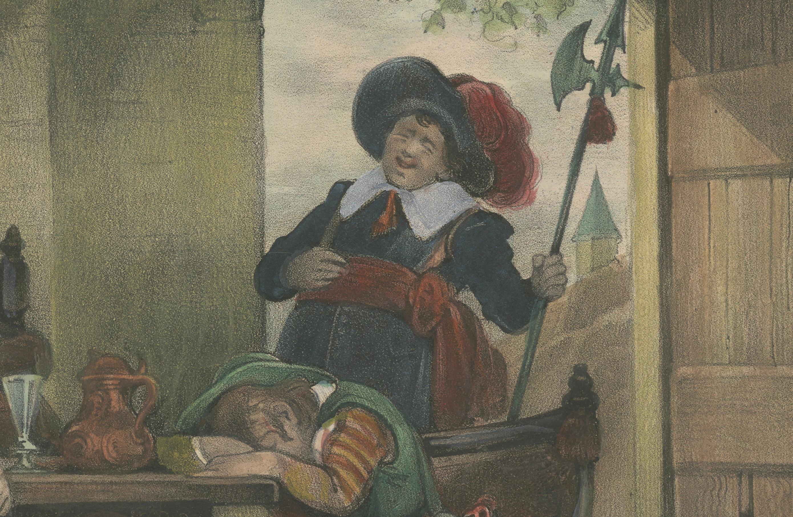 Handkolorierte Lithographie von 1835: Ein Guardroom aus dem 17. Jahrhundert – Soldaten in Ruhe (Mittleres 19. Jahrhundert) im Angebot