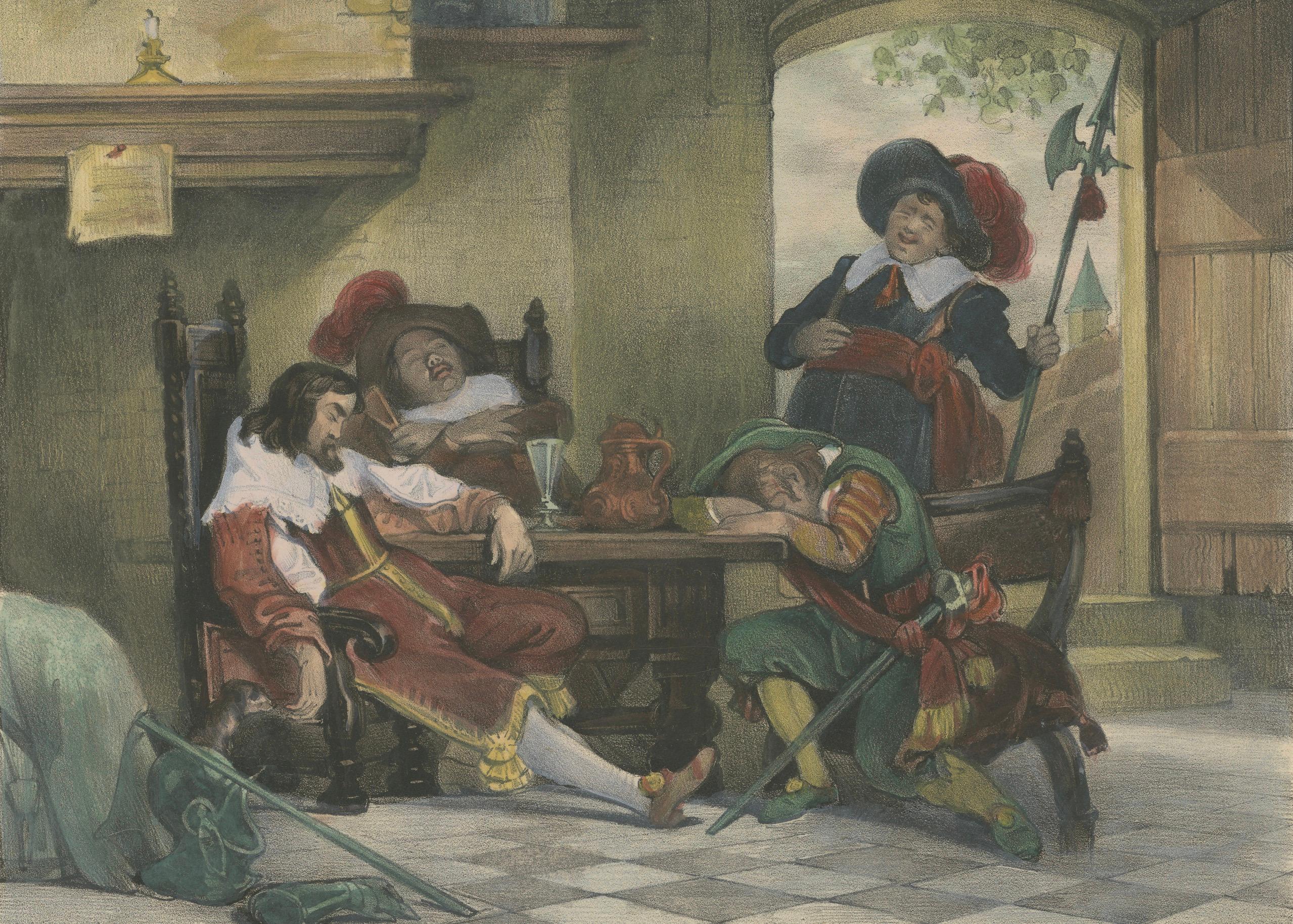 Handkolorierte Lithographie von 1835: Ein Guardroom aus dem 17. Jahrhundert – Soldaten in Ruhe (Papier) im Angebot