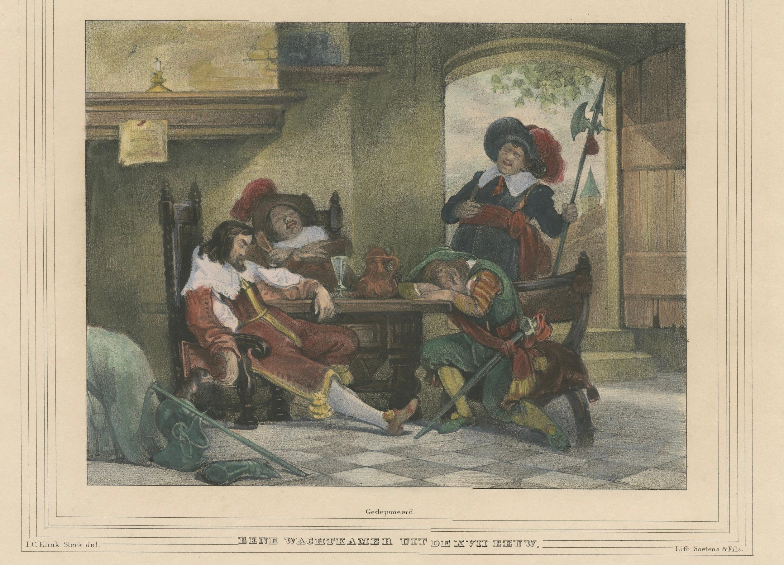 Handkolorierte Lithographie von 1835: Ein Guardroom aus dem 17. Jahrhundert – Soldaten in Ruhe im Angebot 1