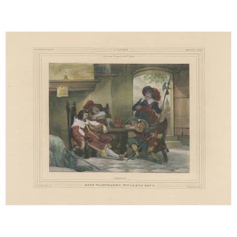 1835 Hand-Colored Lithograph: A 17th Century Guardroom - Soldiers at Rest