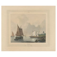 1835 Hand-Colored Lithograph: A Ferry Crossing - Tranquil River Scene