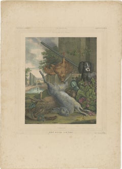 1835 Hand-Colored Lithograph: Hunting Still Life with Game and Dog