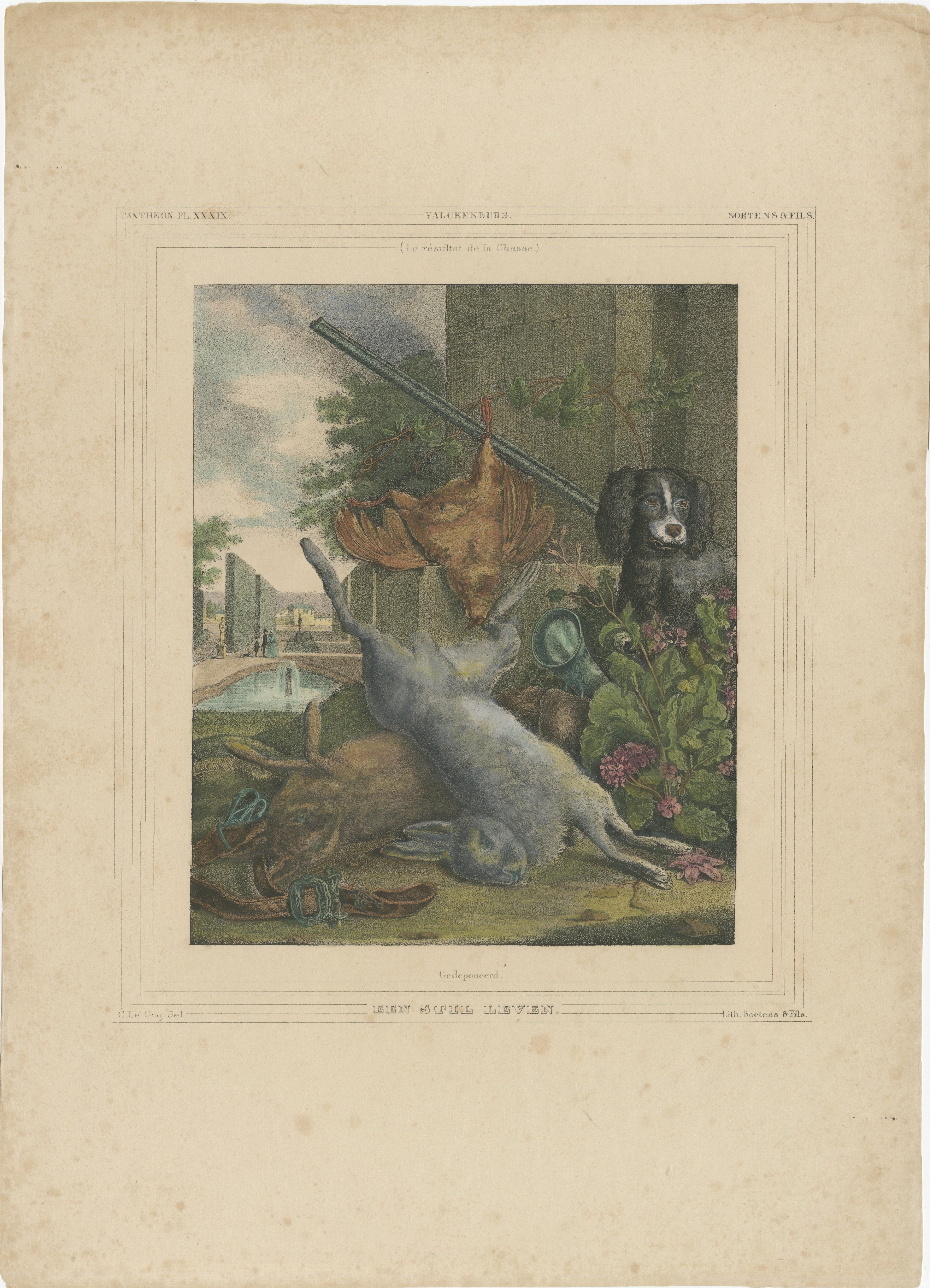 Handkolorierte Lithographie von 1835: Jagd-Stillleben mit Spiel und Hund im Zustand „Relativ gut“ im Angebot in Langweer, NL