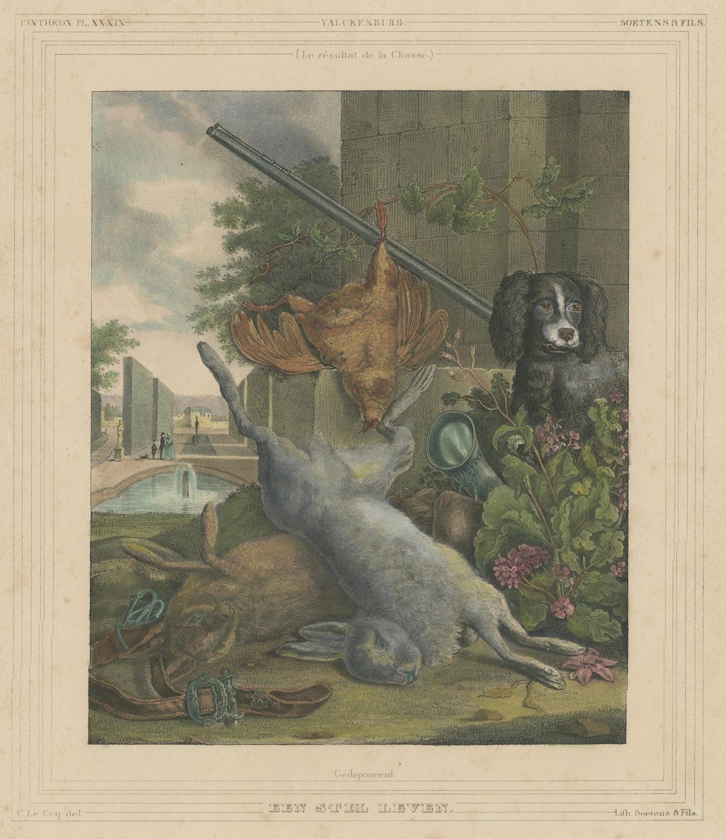 Handkolorierte Lithographie von 1835: Jagd-Stillleben mit Spiel und Hund (Mittleres 19. Jahrhundert) im Angebot