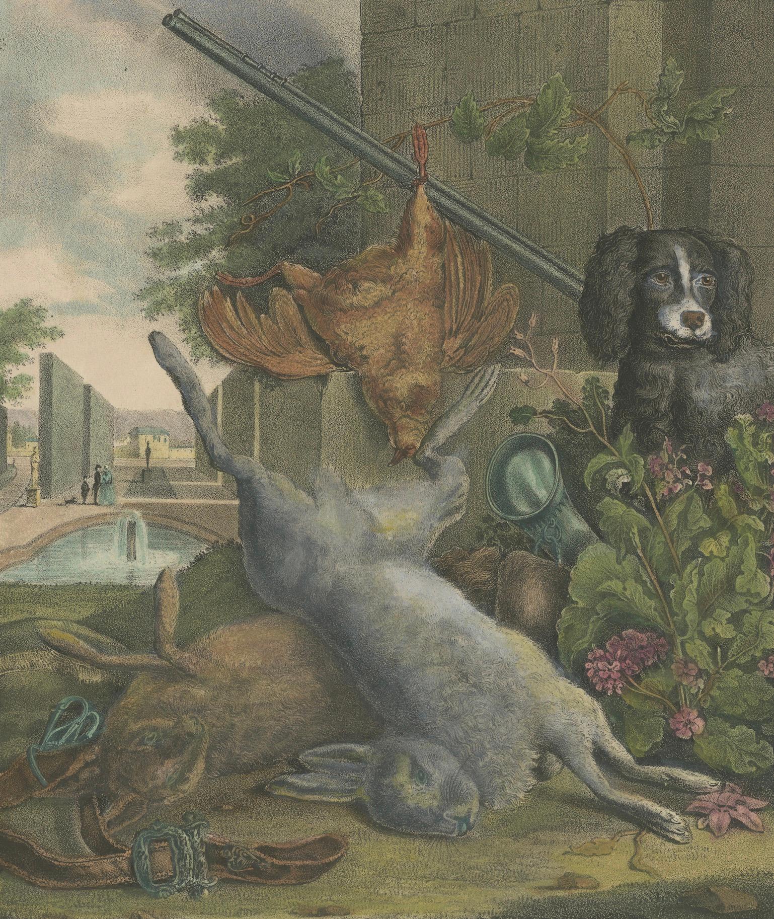 Handkolorierte Lithographie von 1835: Jagd-Stillleben mit Spiel und Hund (Papier) im Angebot